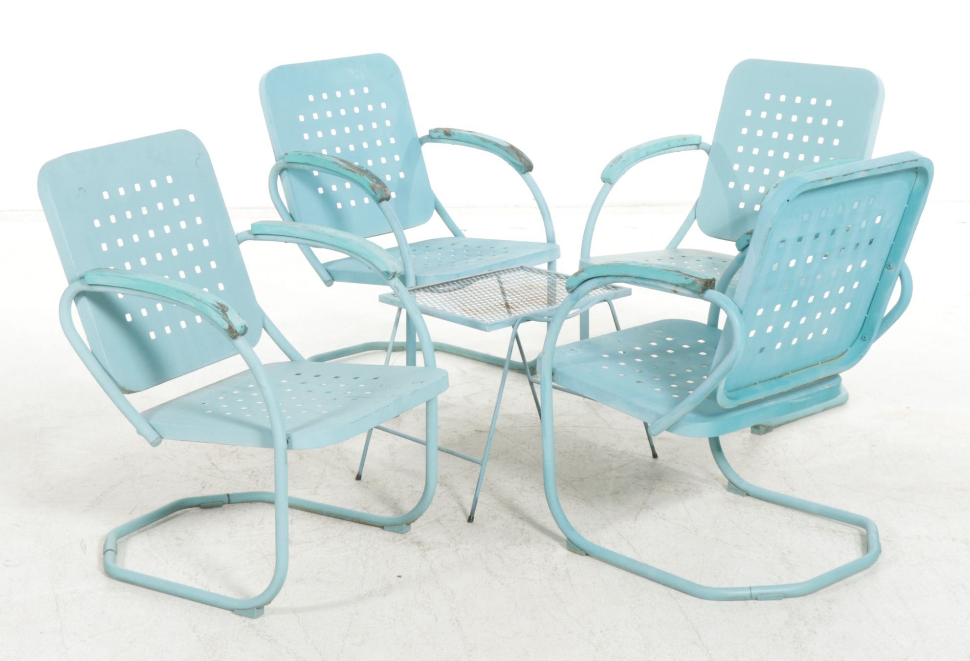 Blue Steel Outdoor Retro Patio Chairs and Mesh Wire Side Table