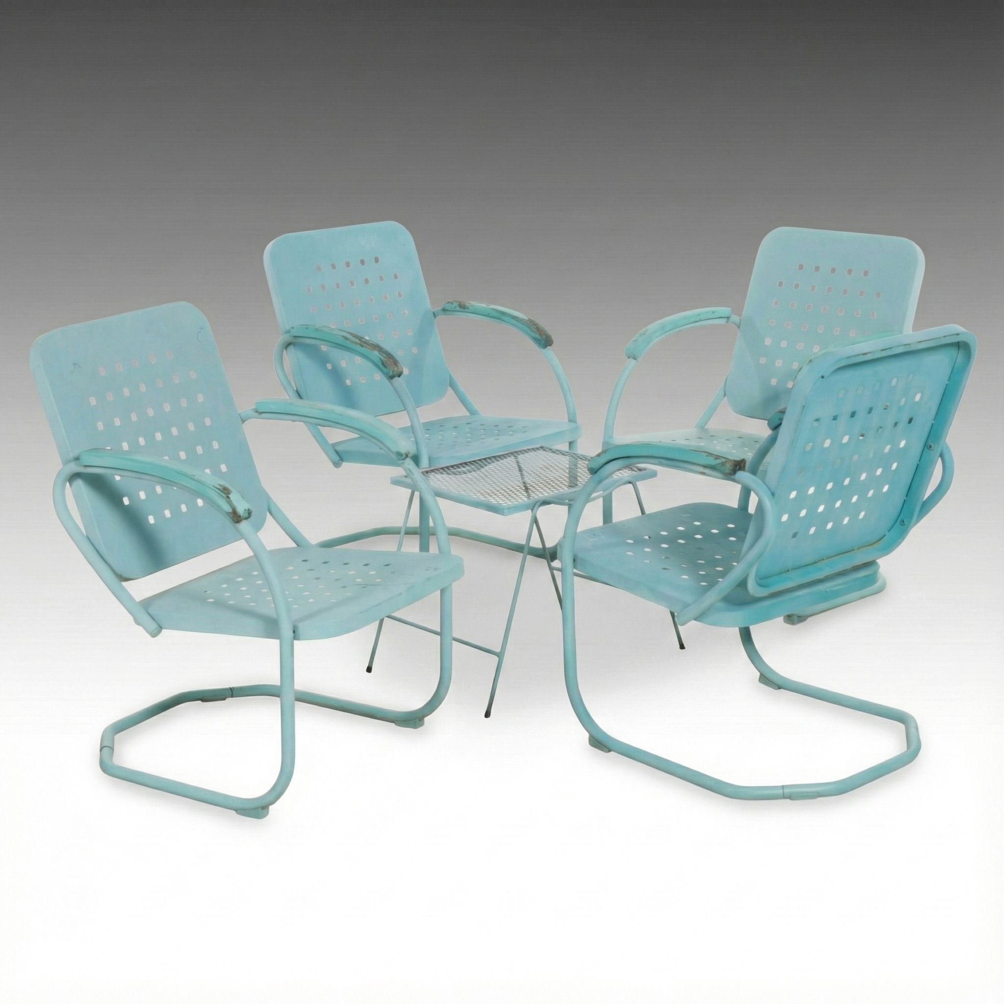 Blue Steel Outdoor Retro Patio Chairs and Mesh Wire Side Table
