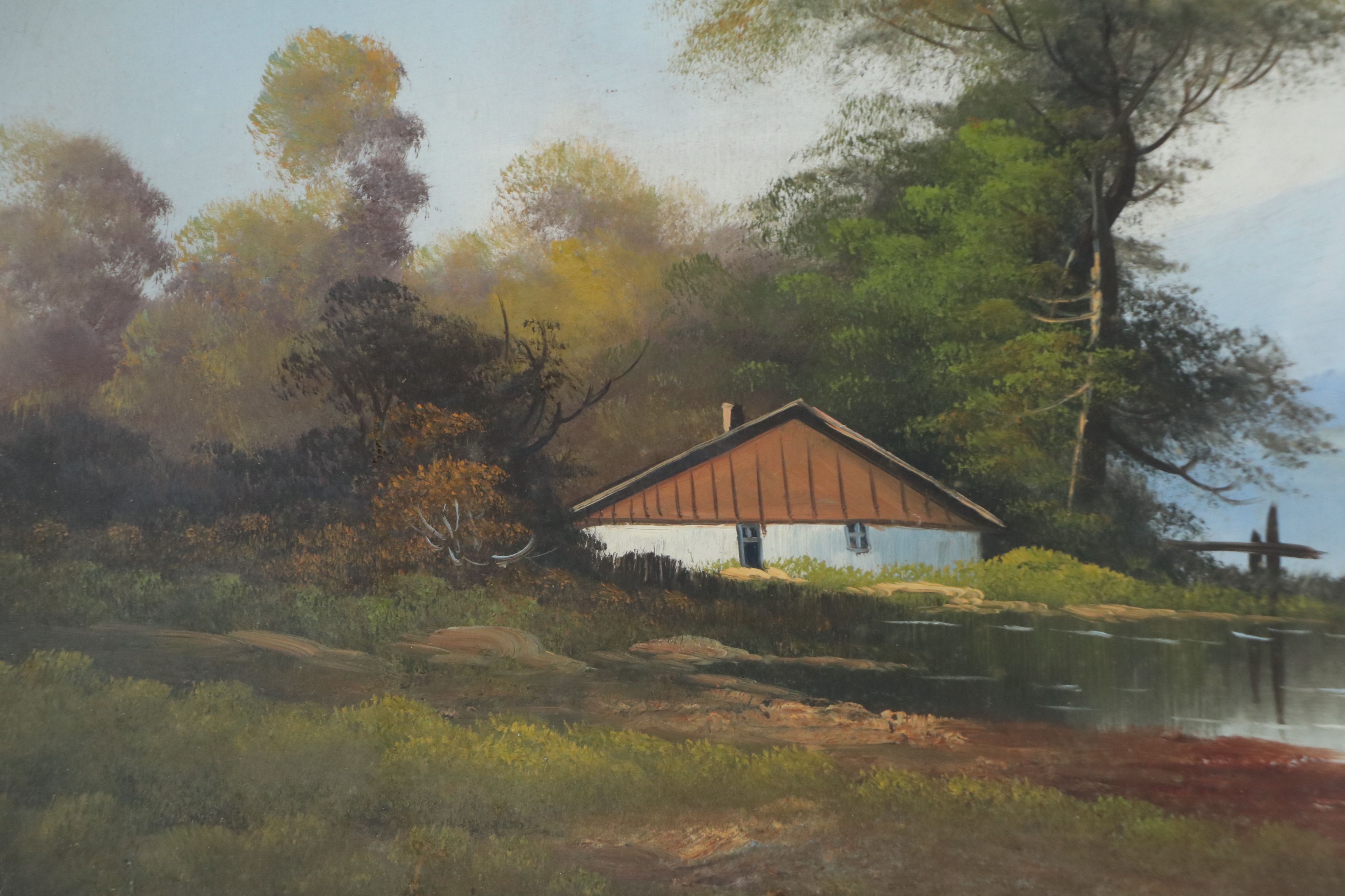 Landscape Oil Painting of Cottage Along River