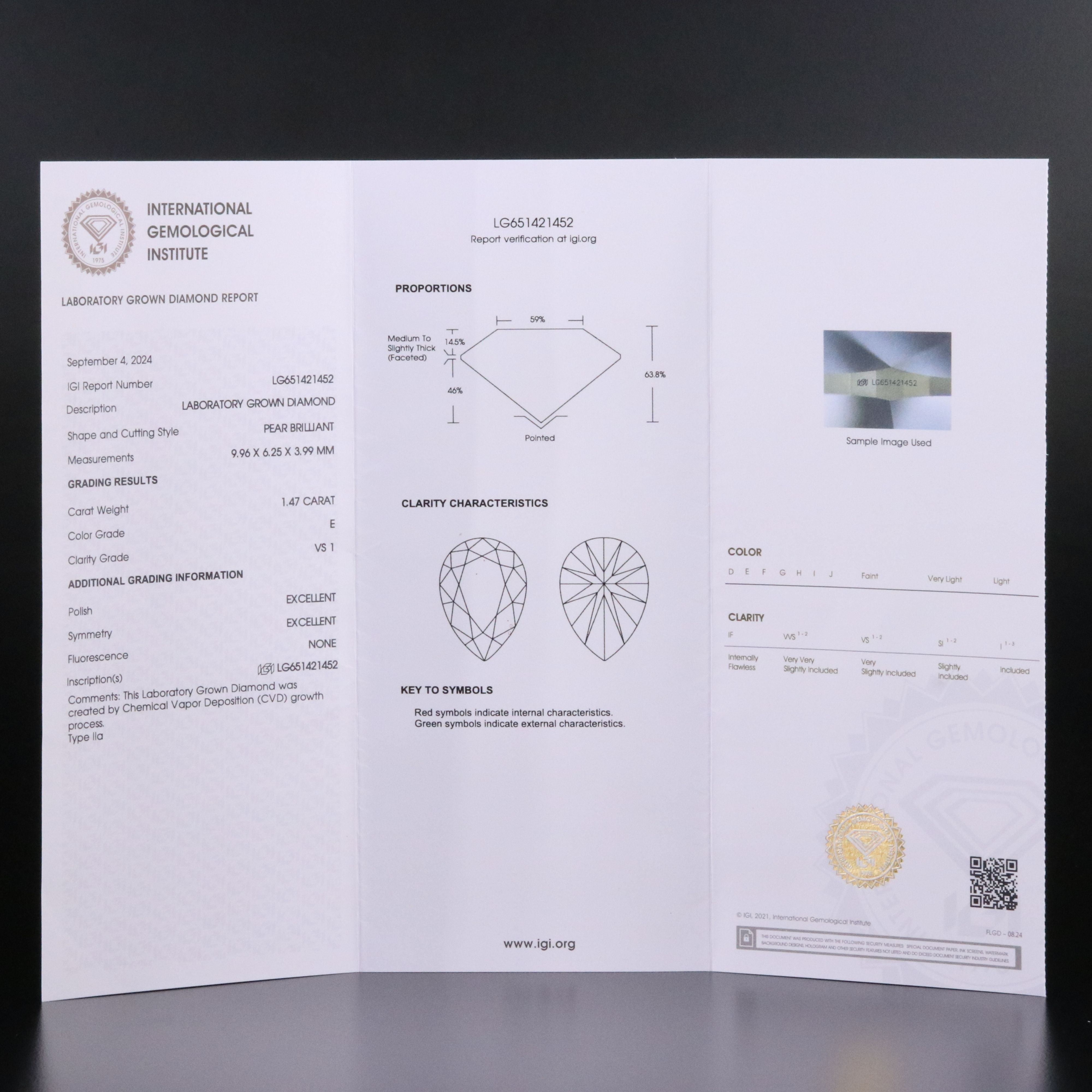 Loose 1.47 CT Lab Grown Diamond with IGI Report