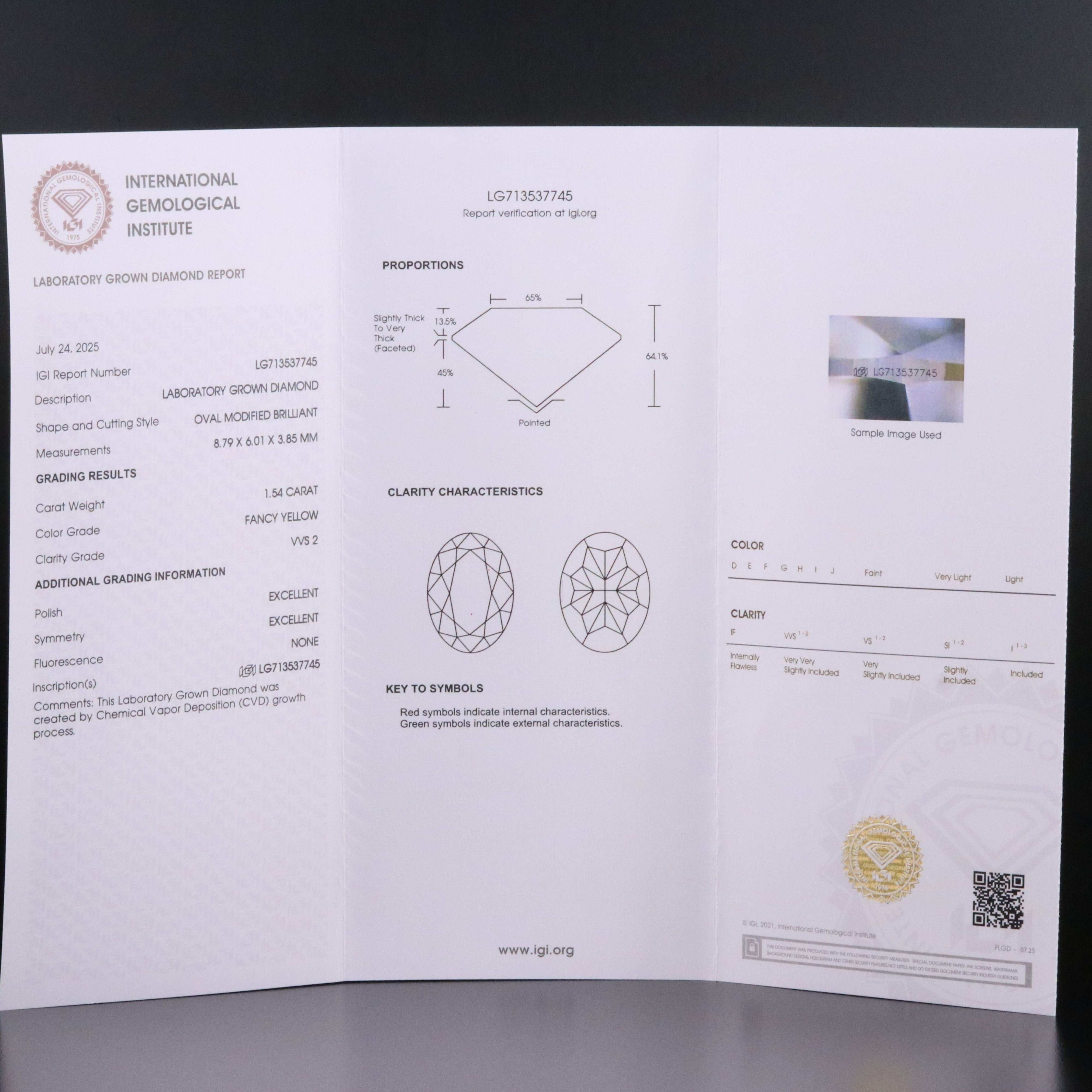 Loose 1.54 CT Lab Grown Fancy Yellow Diamond with IGI Report