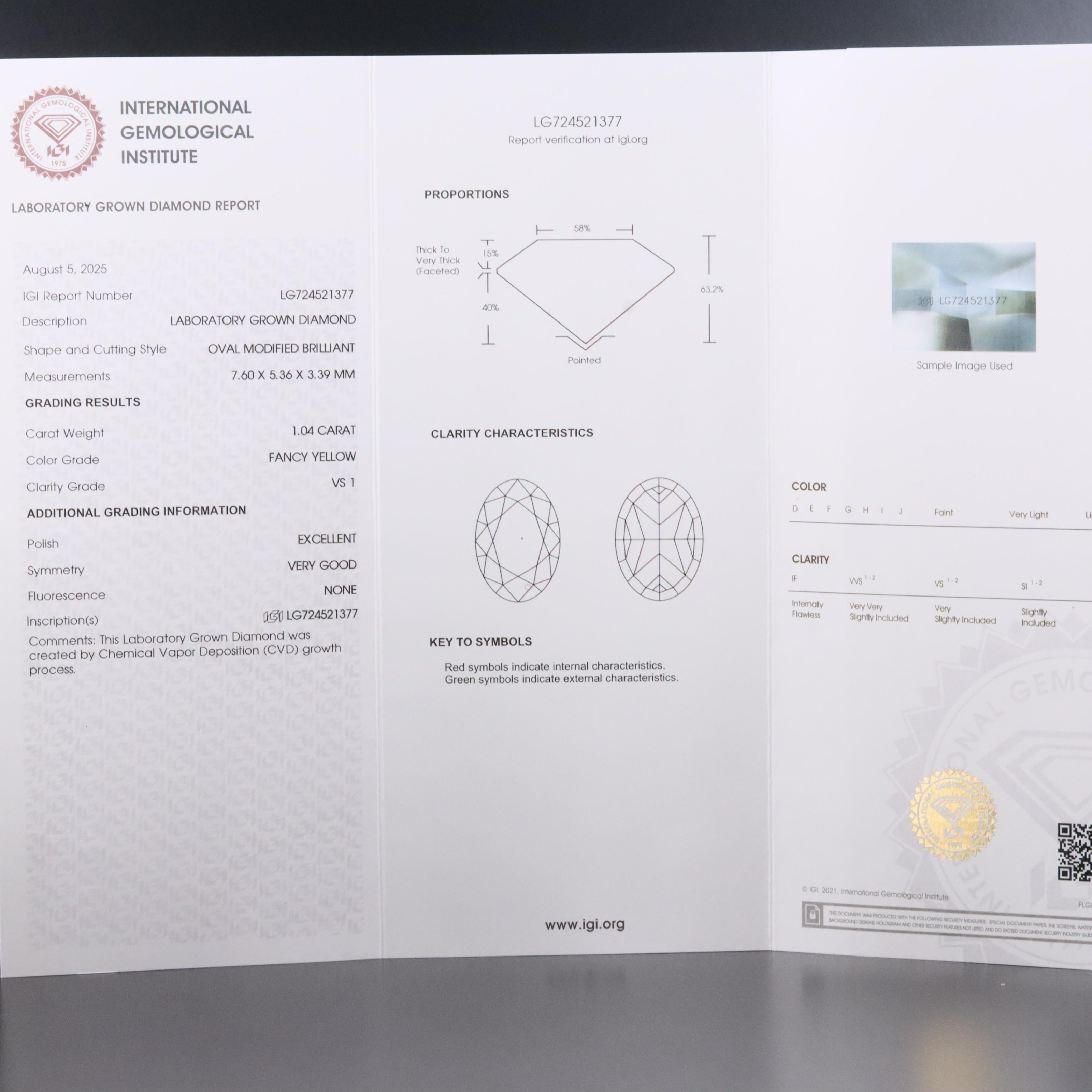 Loose 1.04 CT Lab Grown Fancy Yellow Diamond with IGI Report