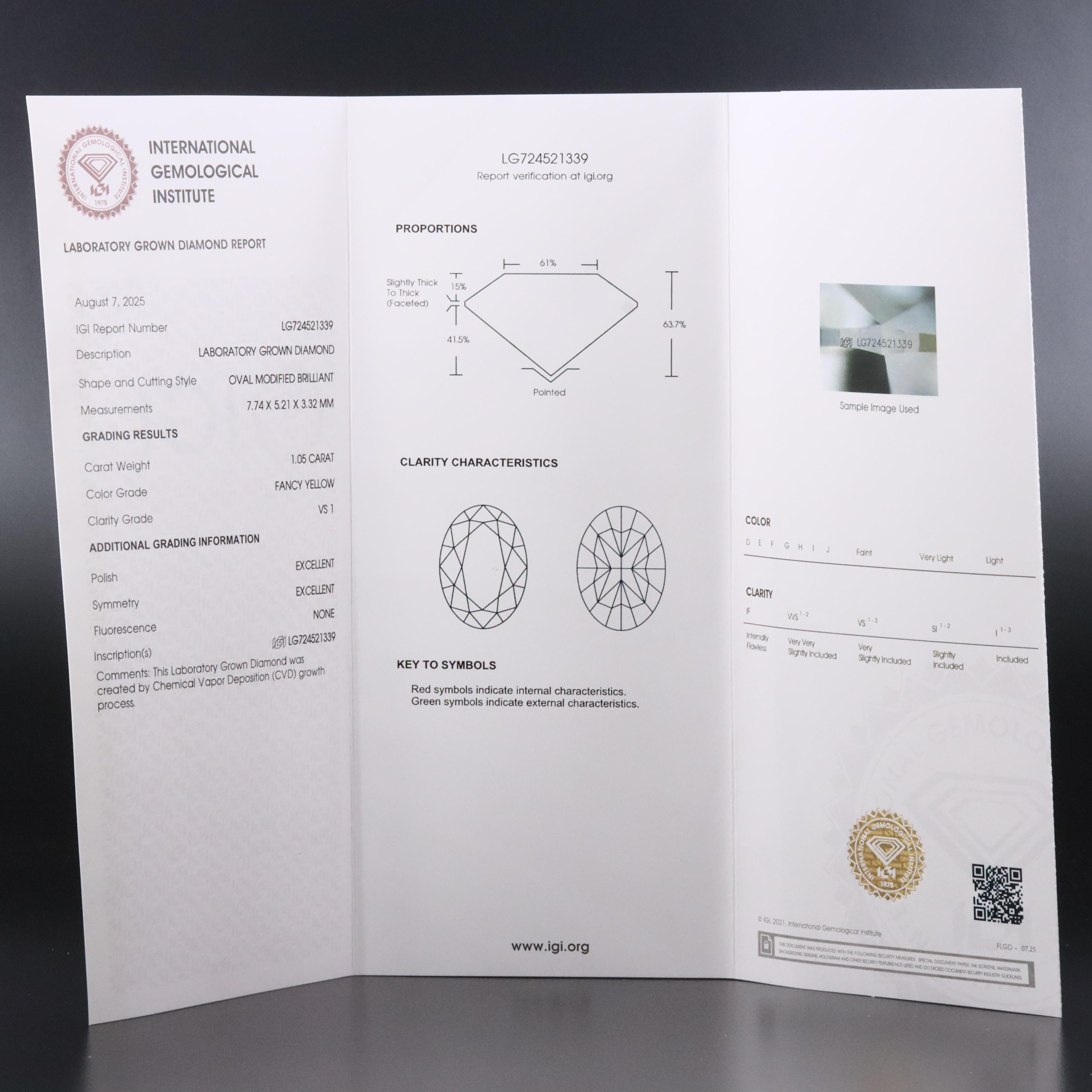 Loose 1.05 CT Lab Grown Fancy Yellow Diamond with IGI Report