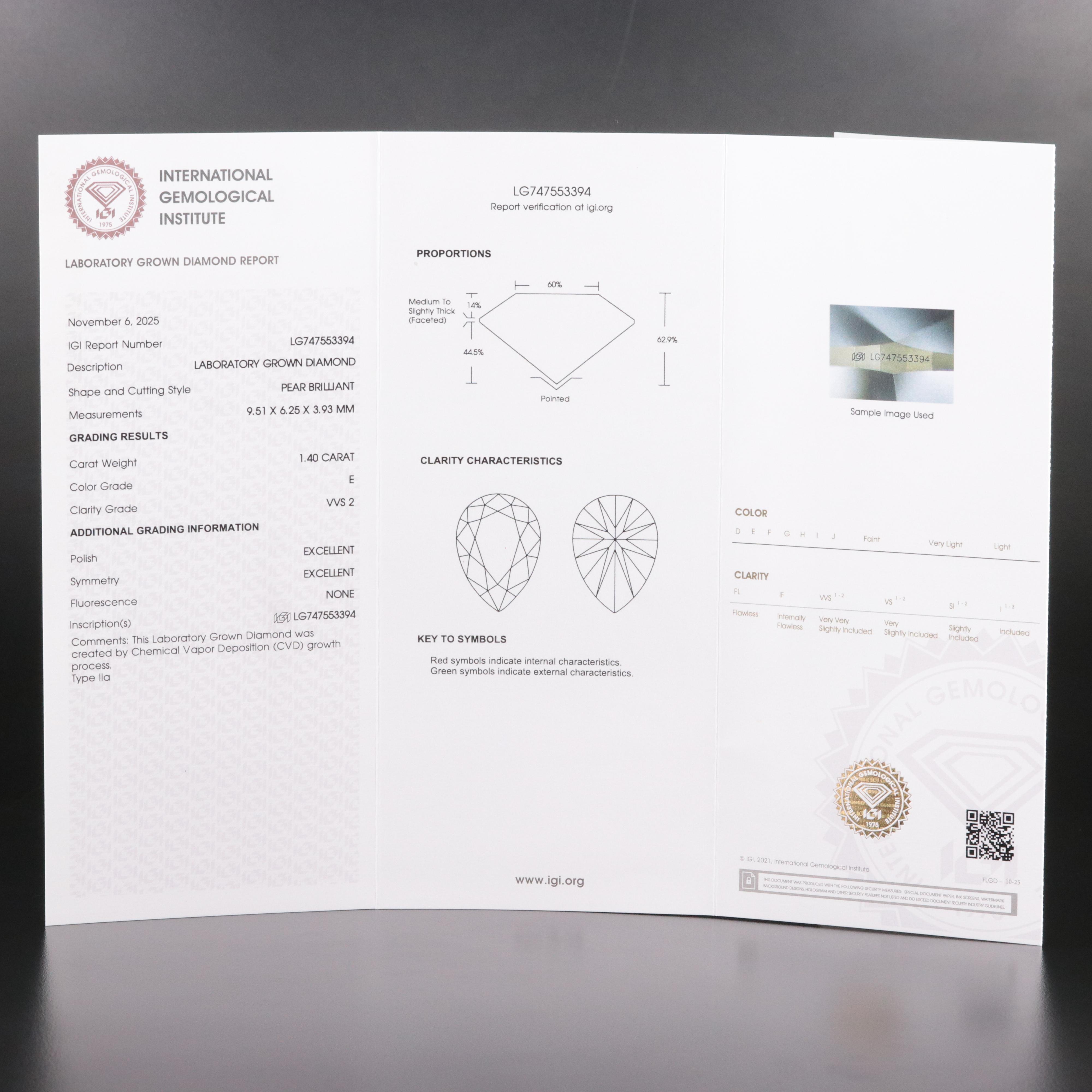 Loose 1.40 CT Lab Grown Diamond with IGI Report
