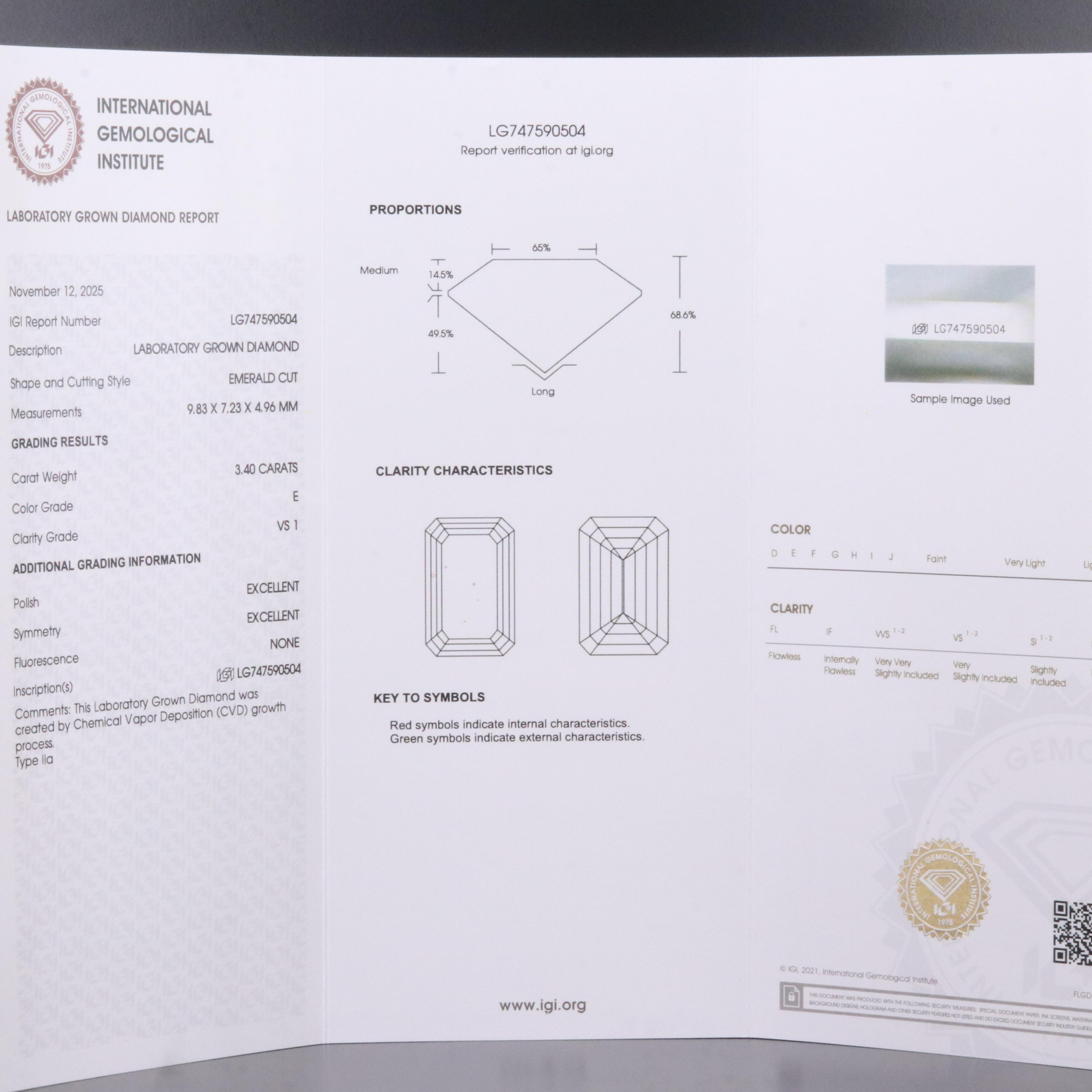 Loose 3.40 CT Lab Grown Diamond with IGI Report