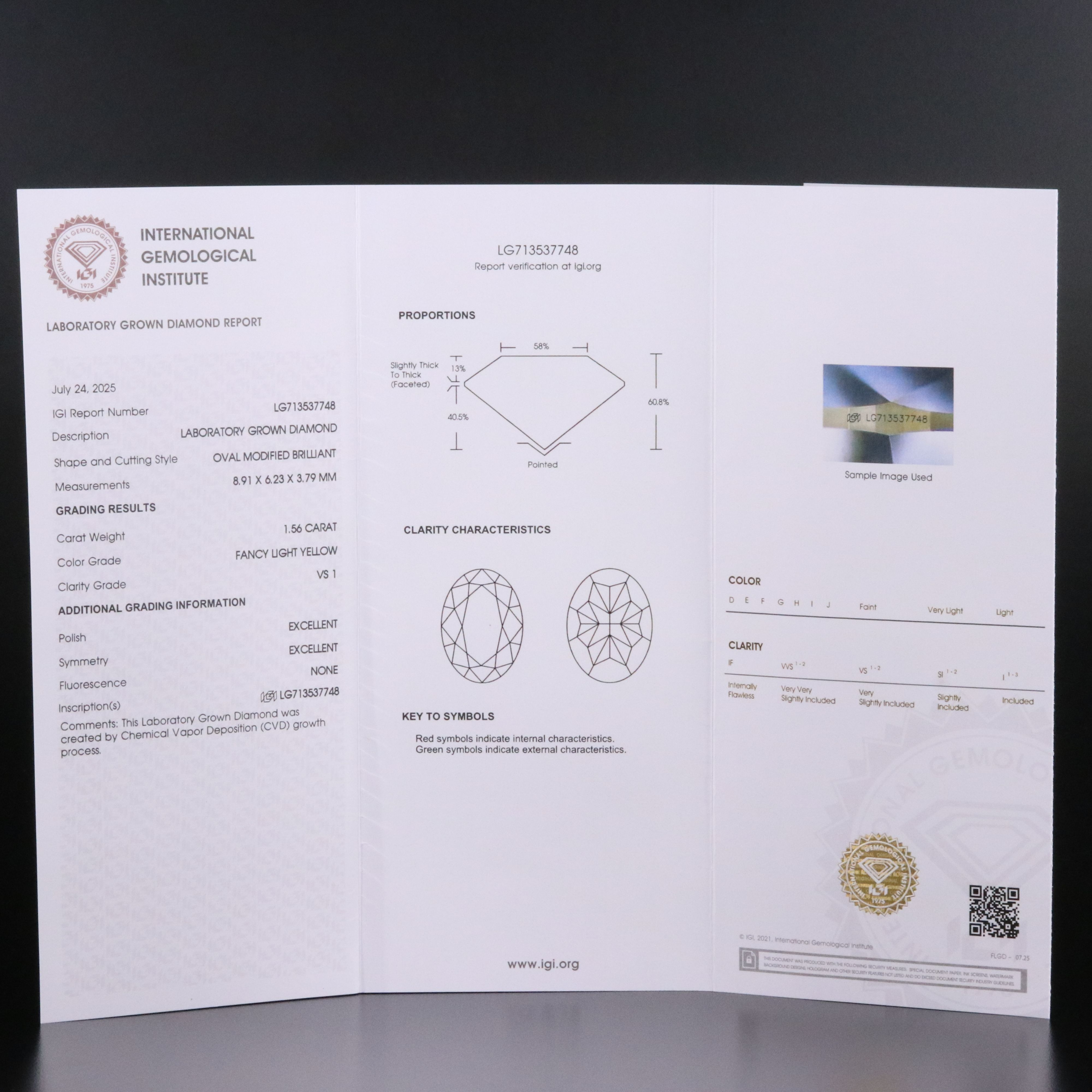 Loose 1.56 CT Lab Grown Fancy Yellow Diamond with IGI Report