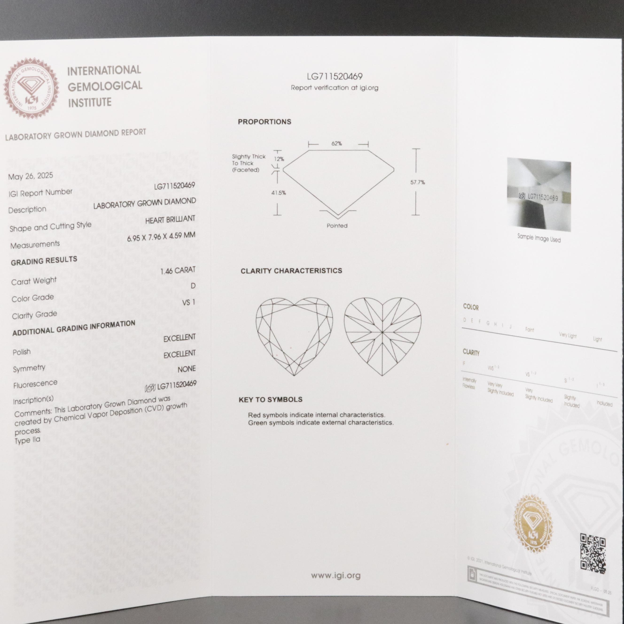 Loose 1.46 CT Lab Grown Diamond with IGI Report