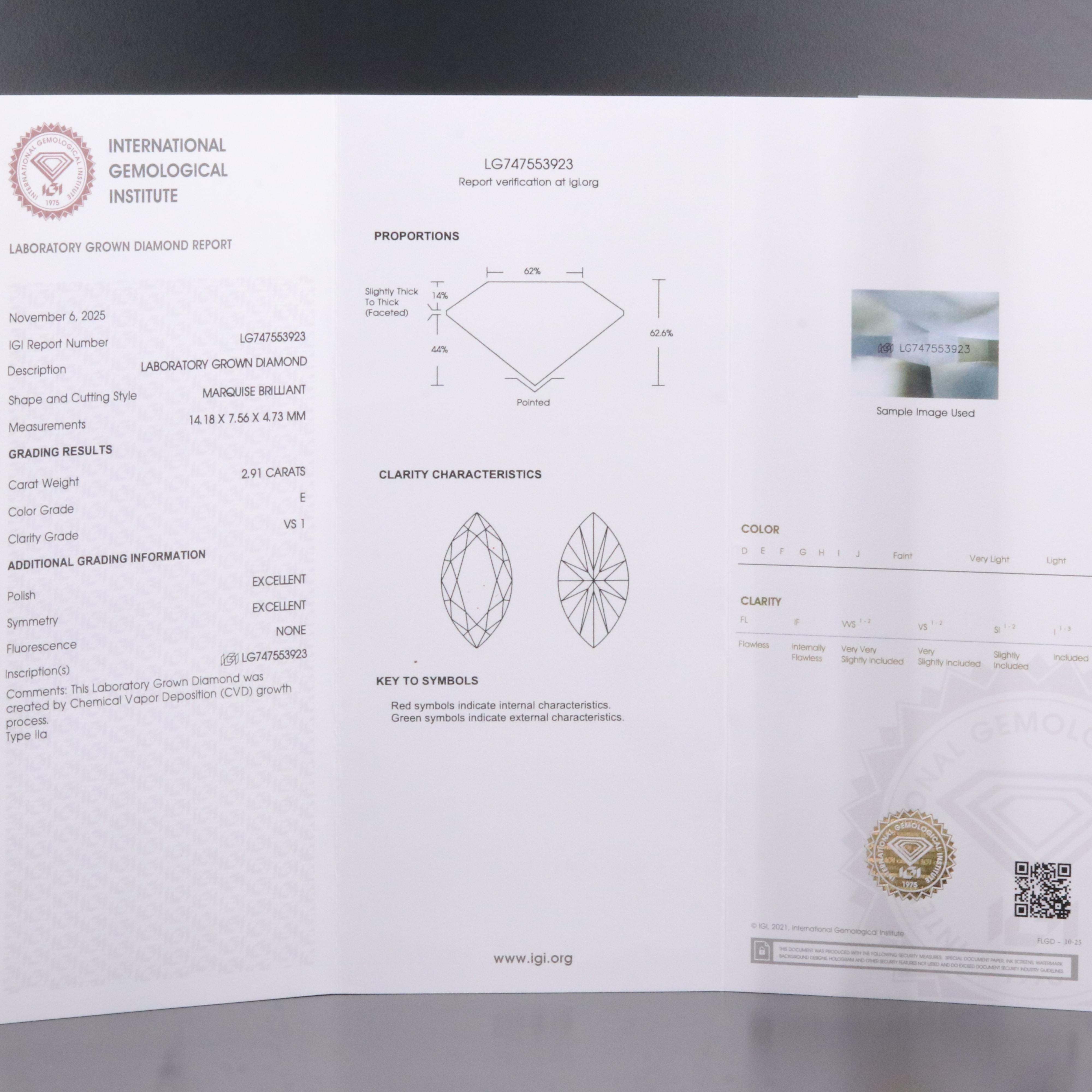 Loose 2.91 CT Lab Grown Diamond with IGI Report