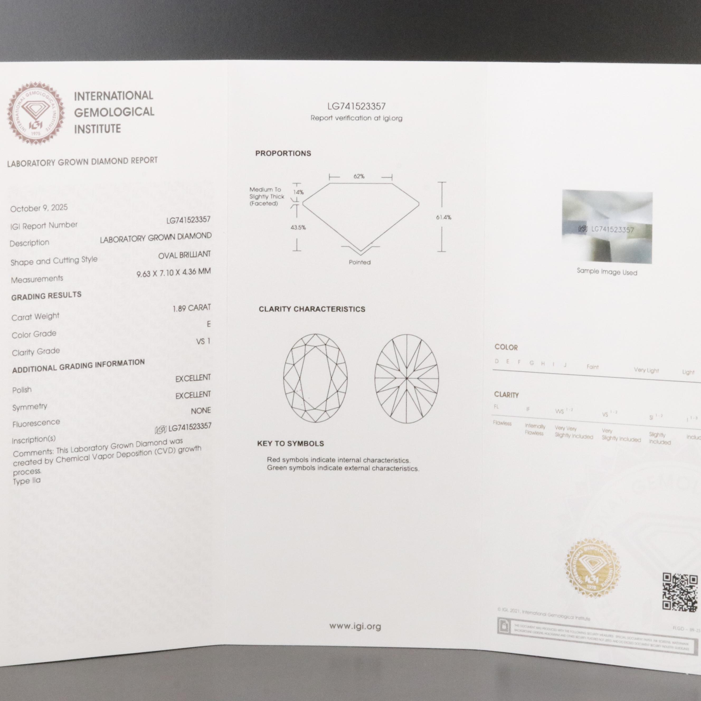Loose 1.89 CT Lab Grown Diamond with IGI Report