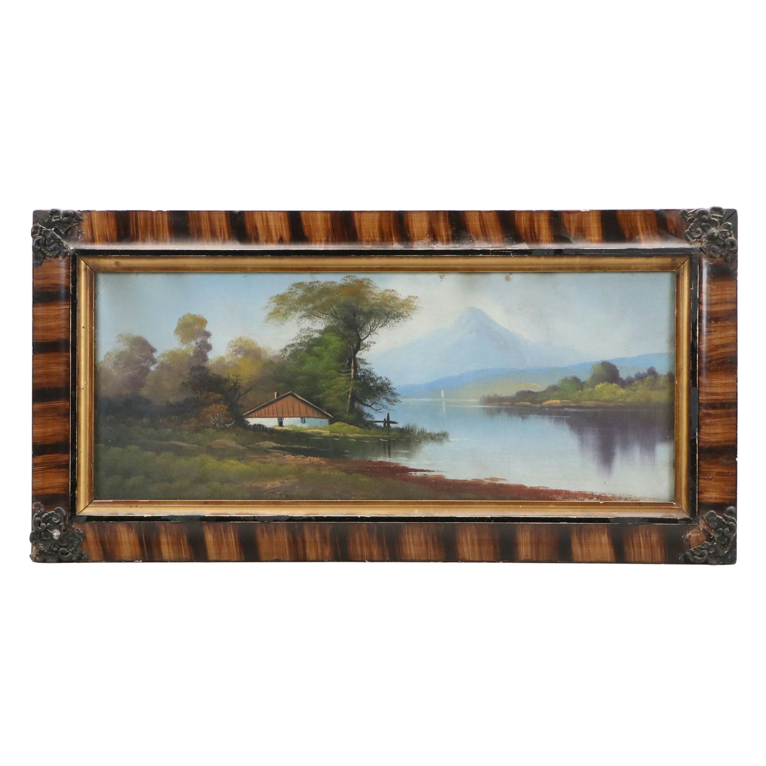 Landscape Oil Painting of Cottage Along River