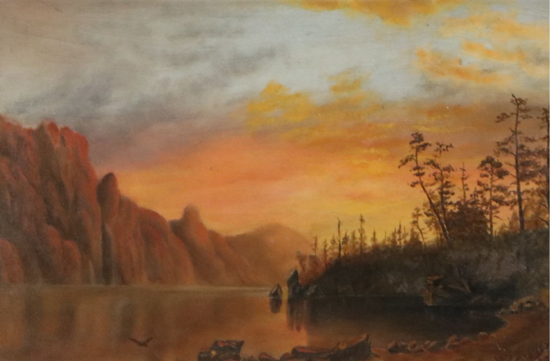 American School Oil Painting of Sunset Lake, Mid-20th Century