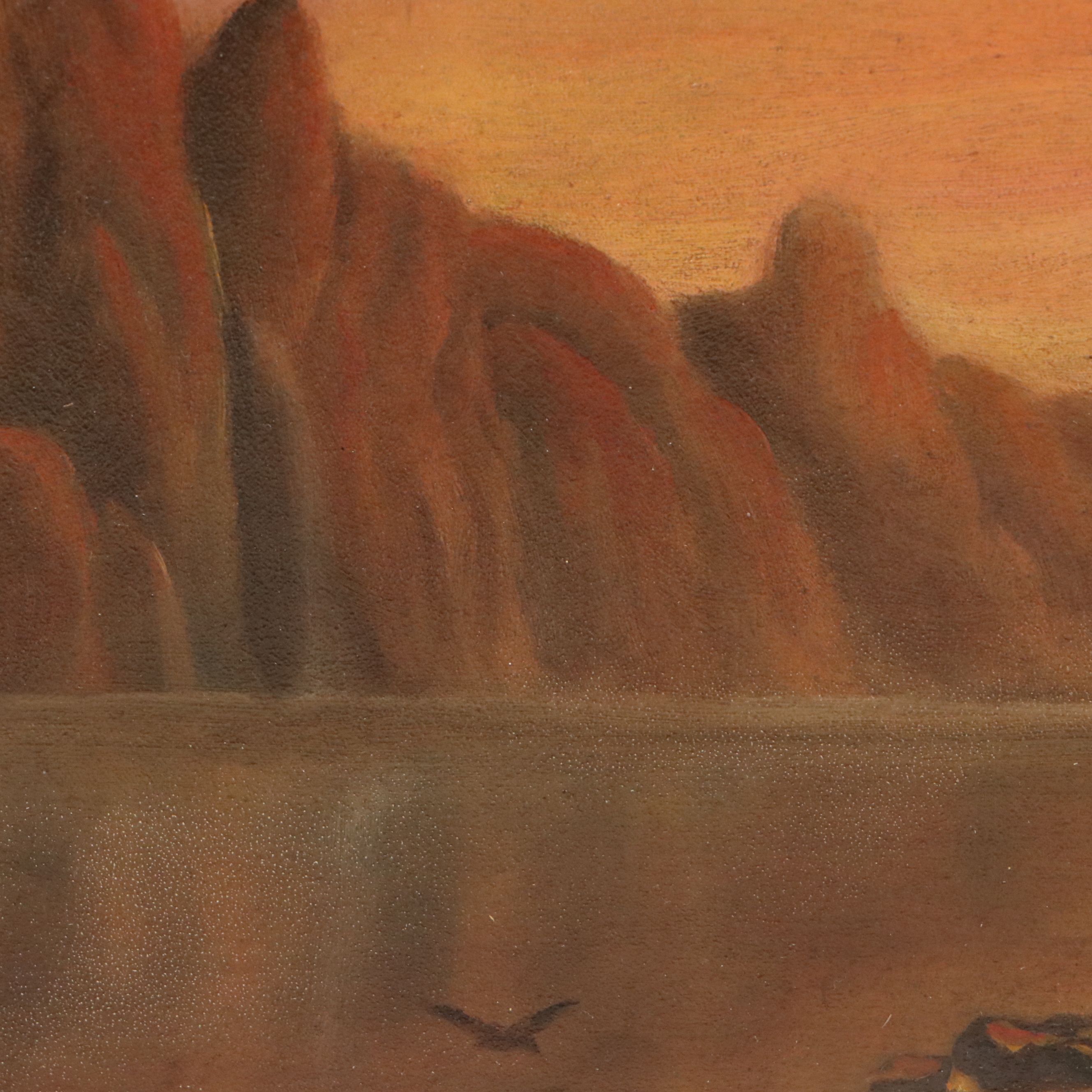 American School Oil Painting of Sunset Lake, Mid-20th Century