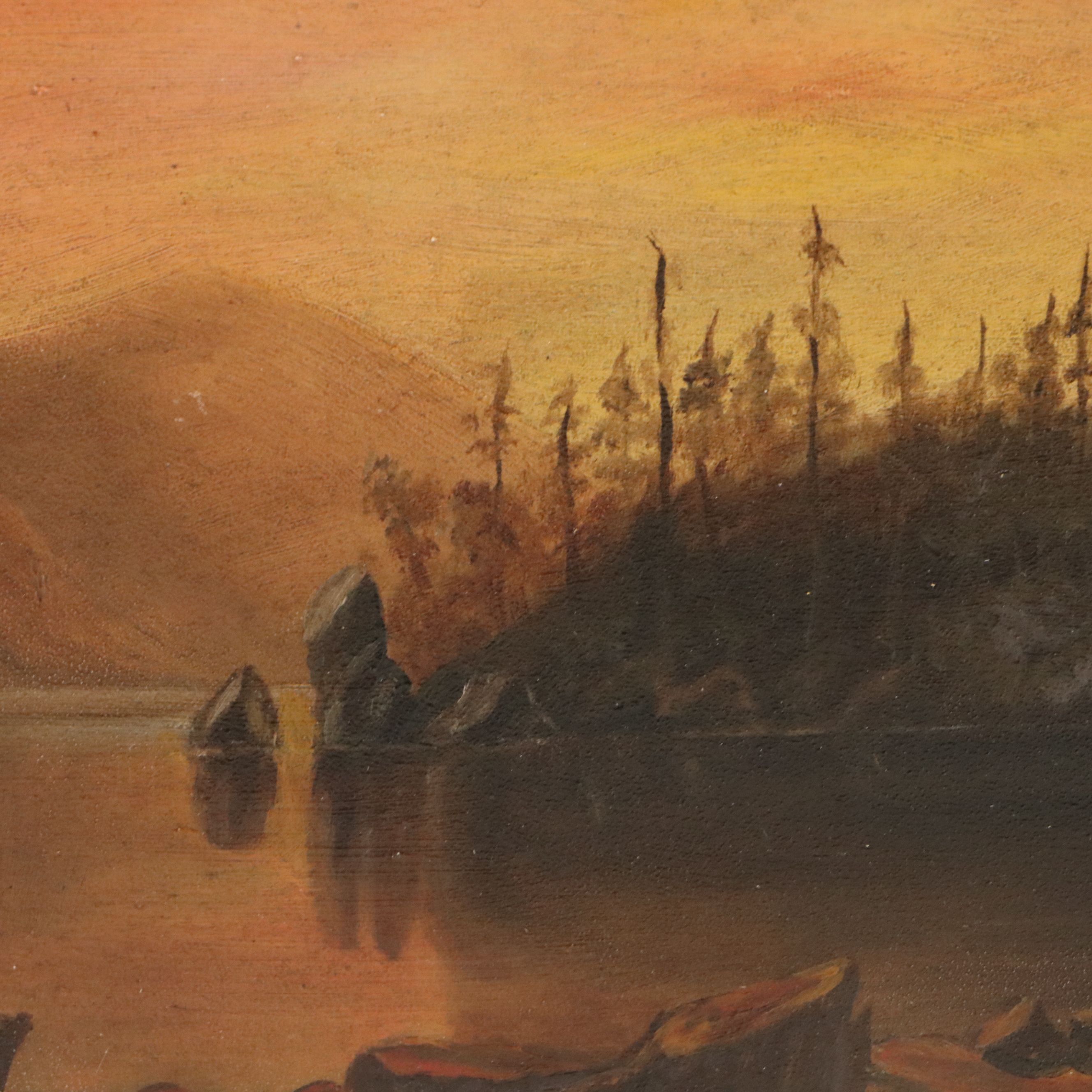 American School Oil Painting of Sunset Lake, Mid-20th Century