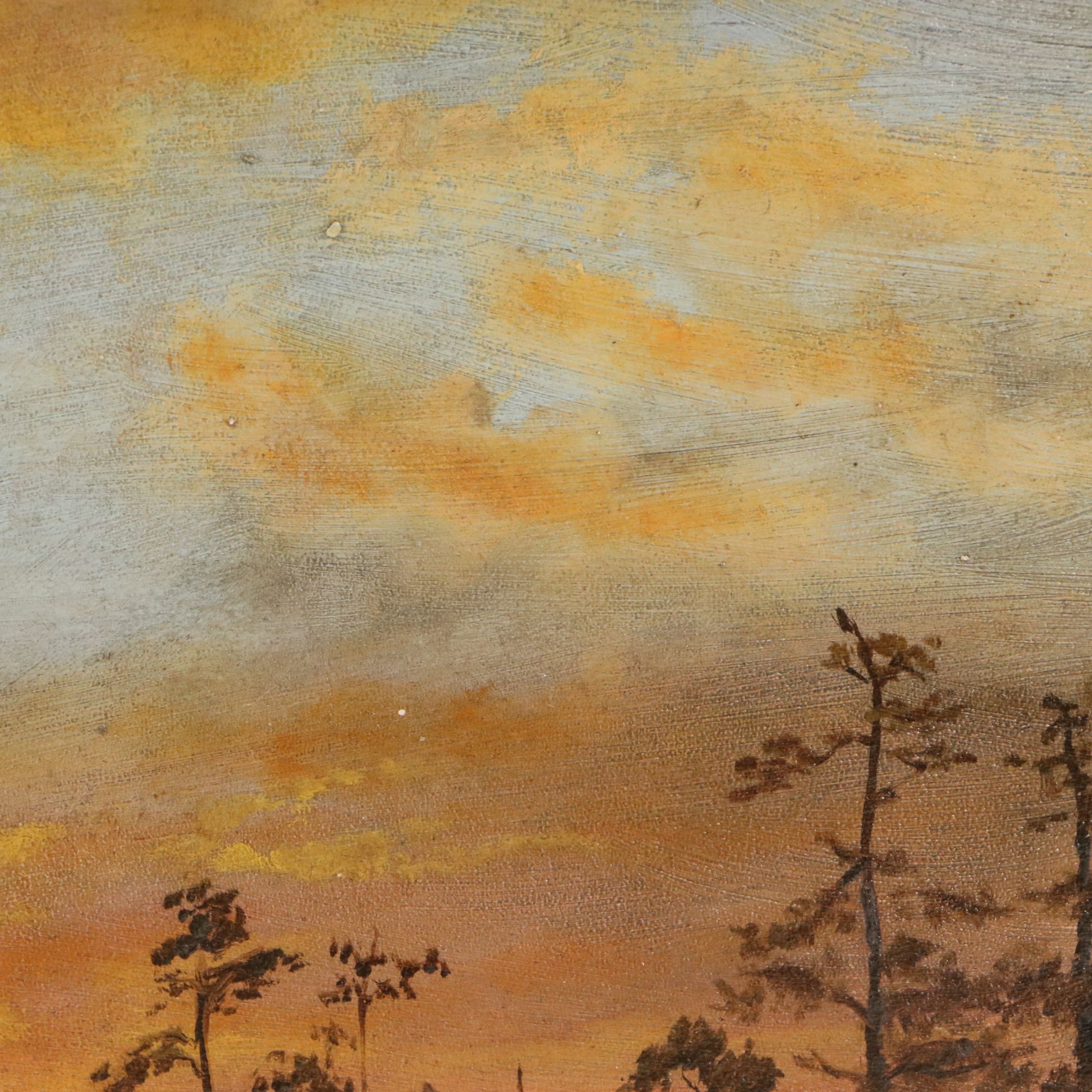 American School Oil Painting of Sunset Lake, Mid-20th Century