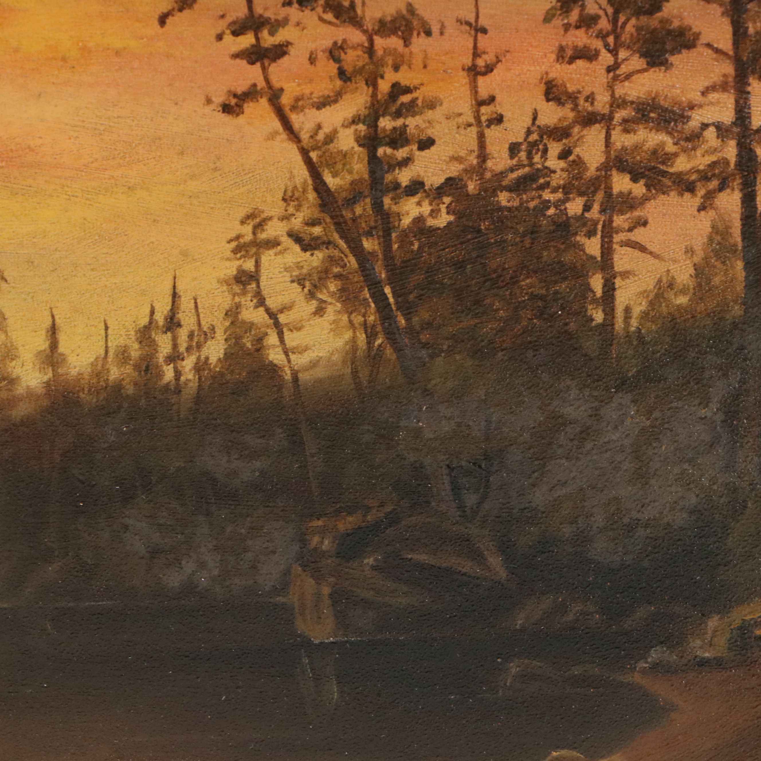 American School Oil Painting of Sunset Lake, Mid-20th Century