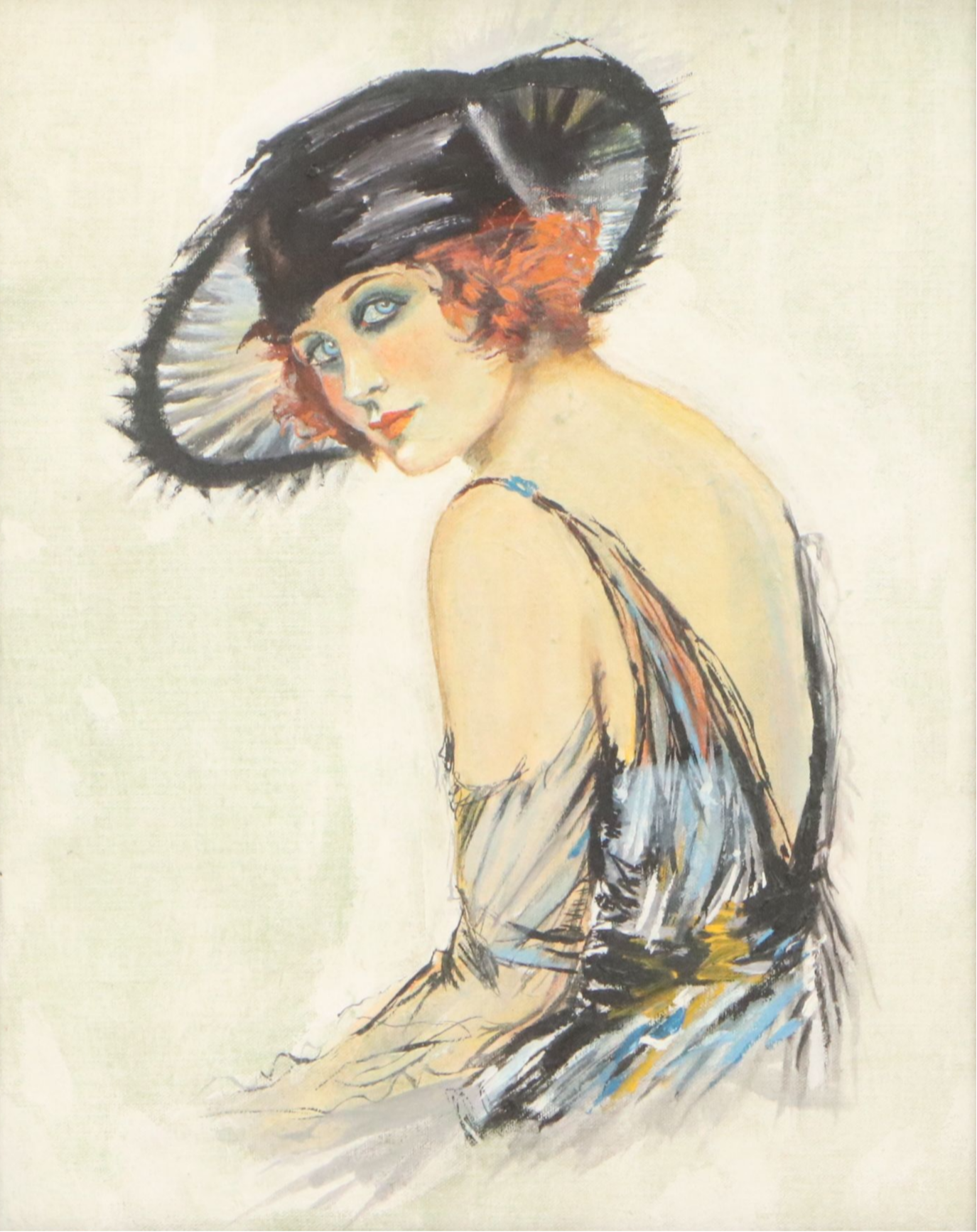 Oil Painting of Woman in Black in Hat, Mid-Late 20th Century