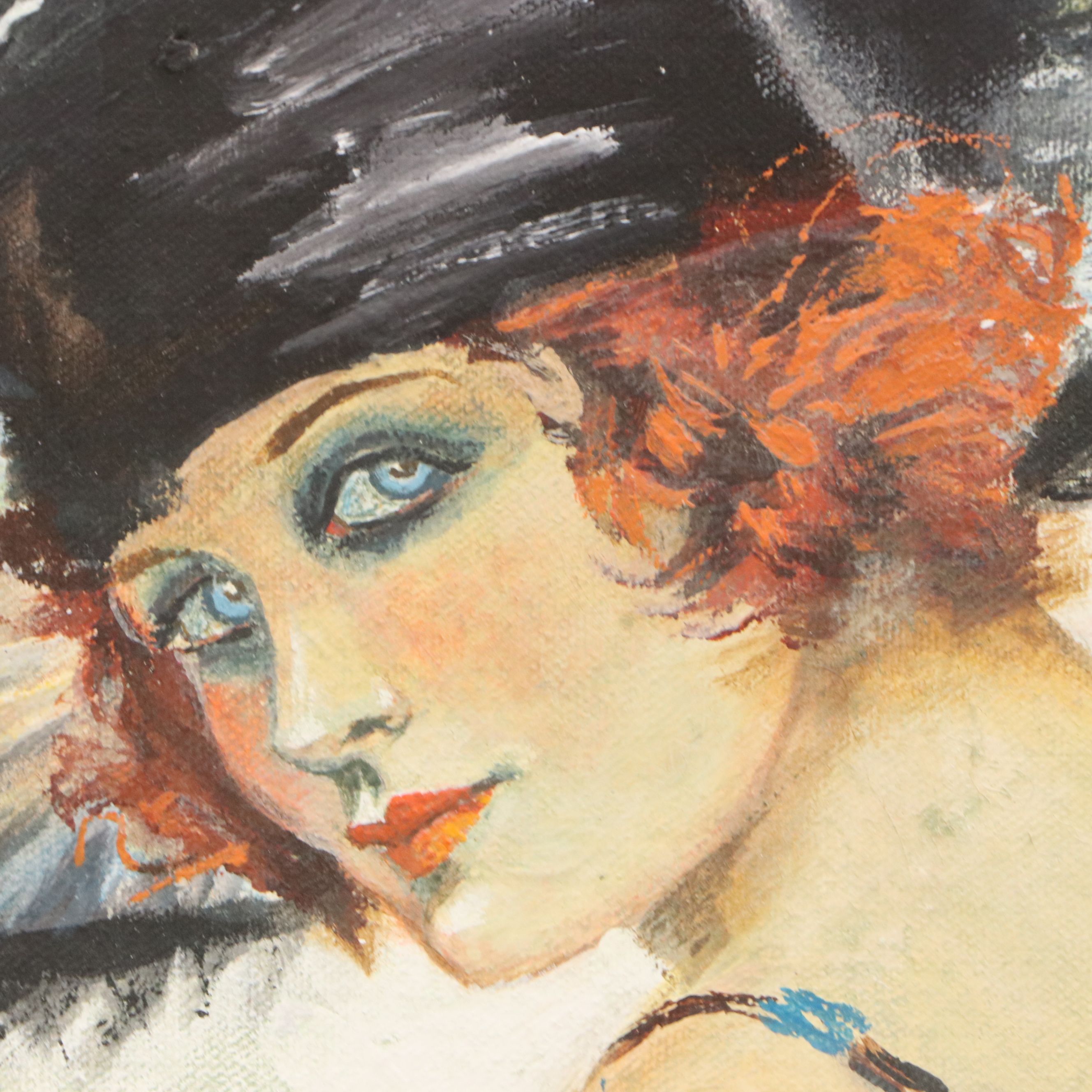 Oil Painting of Woman in Black in Hat, Mid-Late 20th Century