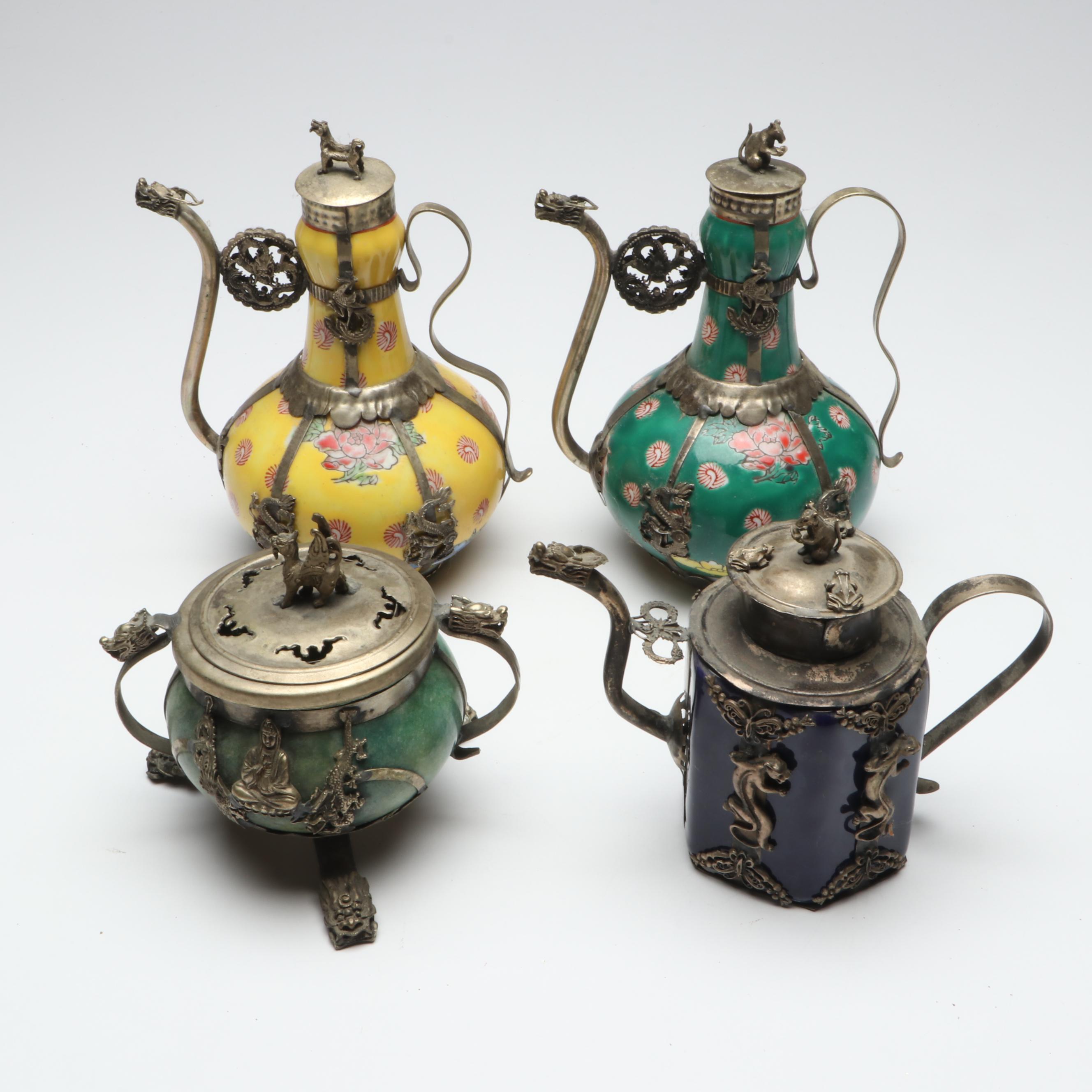 Chinese Porcelain and Tibetan Silver Dragon Teapots and Censer