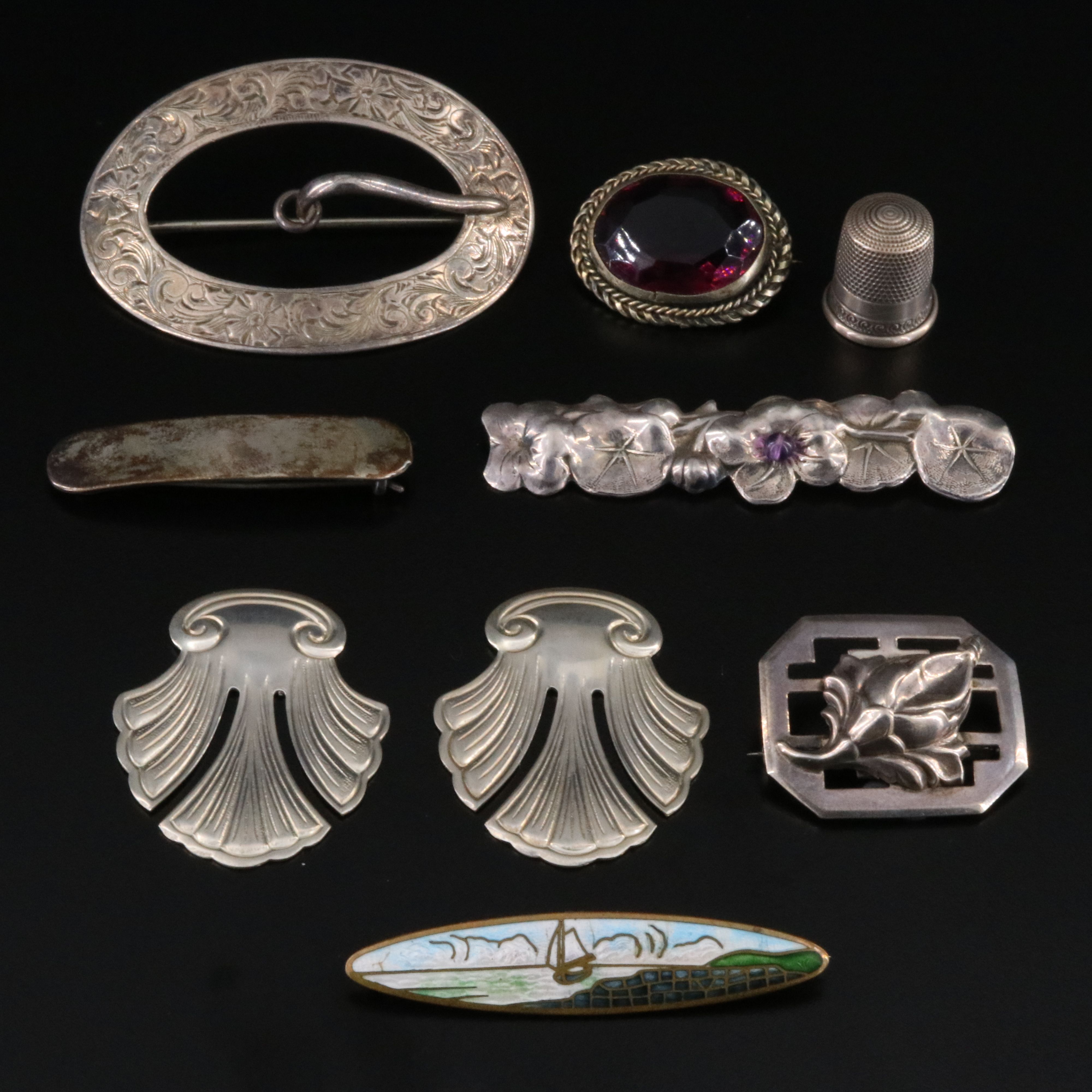 Antique Sterling Jewelry Collection Including Art Nouveau and Victorian Buckle