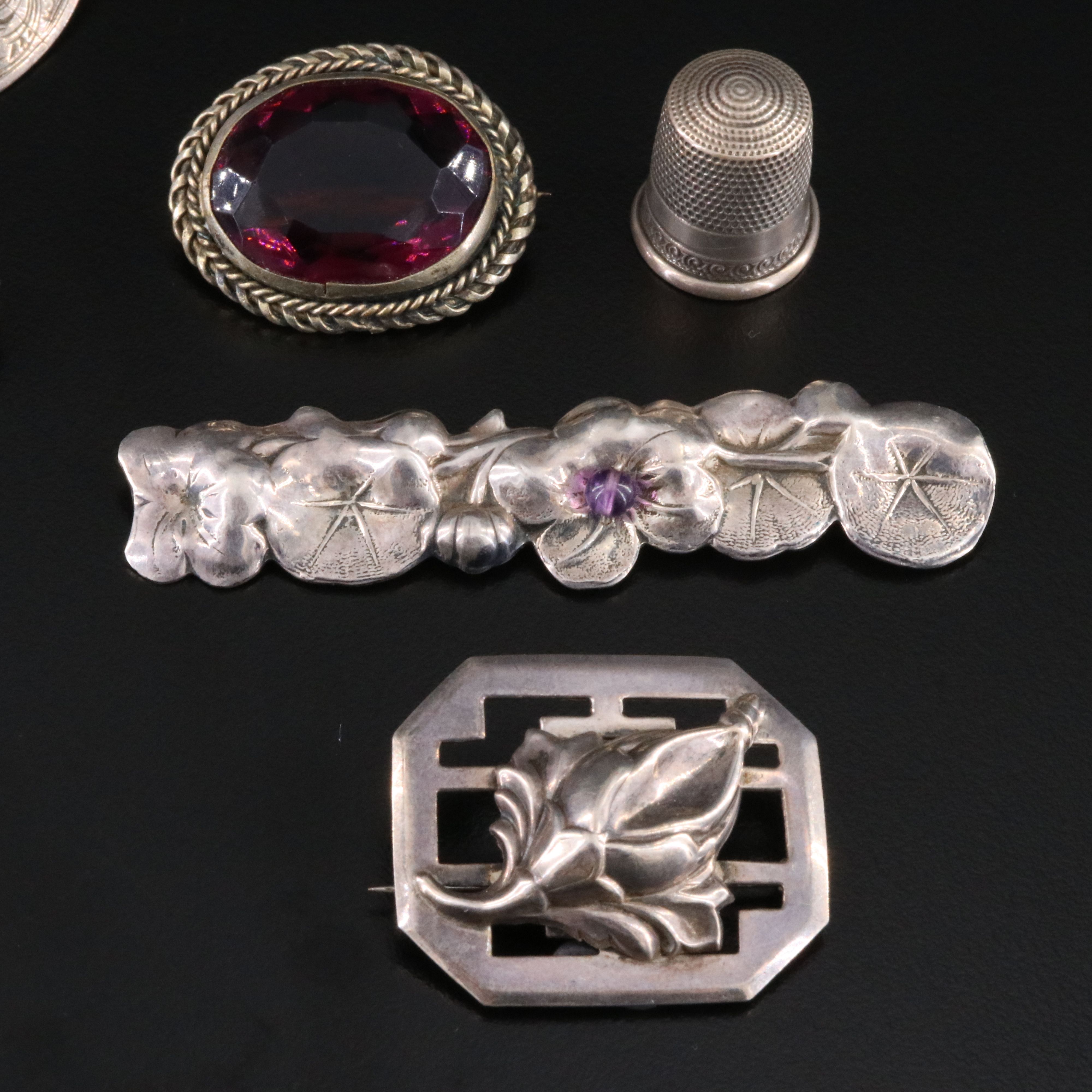 Antique Sterling Jewelry Collection Including Art Nouveau and Victorian Buckle