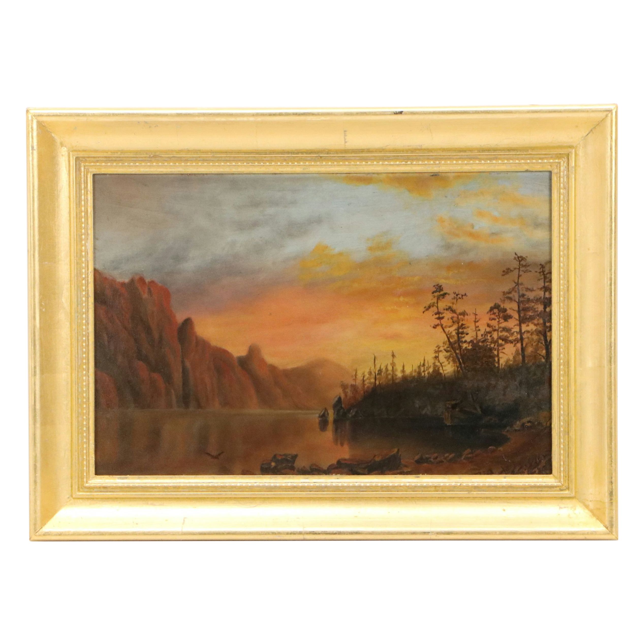 American School Oil Painting of Sunset Lake, Mid-20th Century