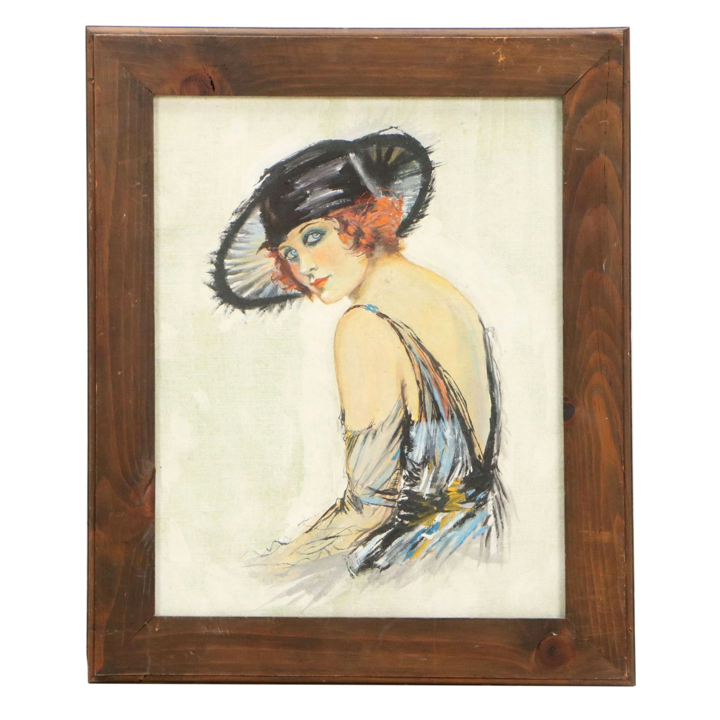 Oil Painting of Woman in Black in Hat, Mid-Late 20th Century