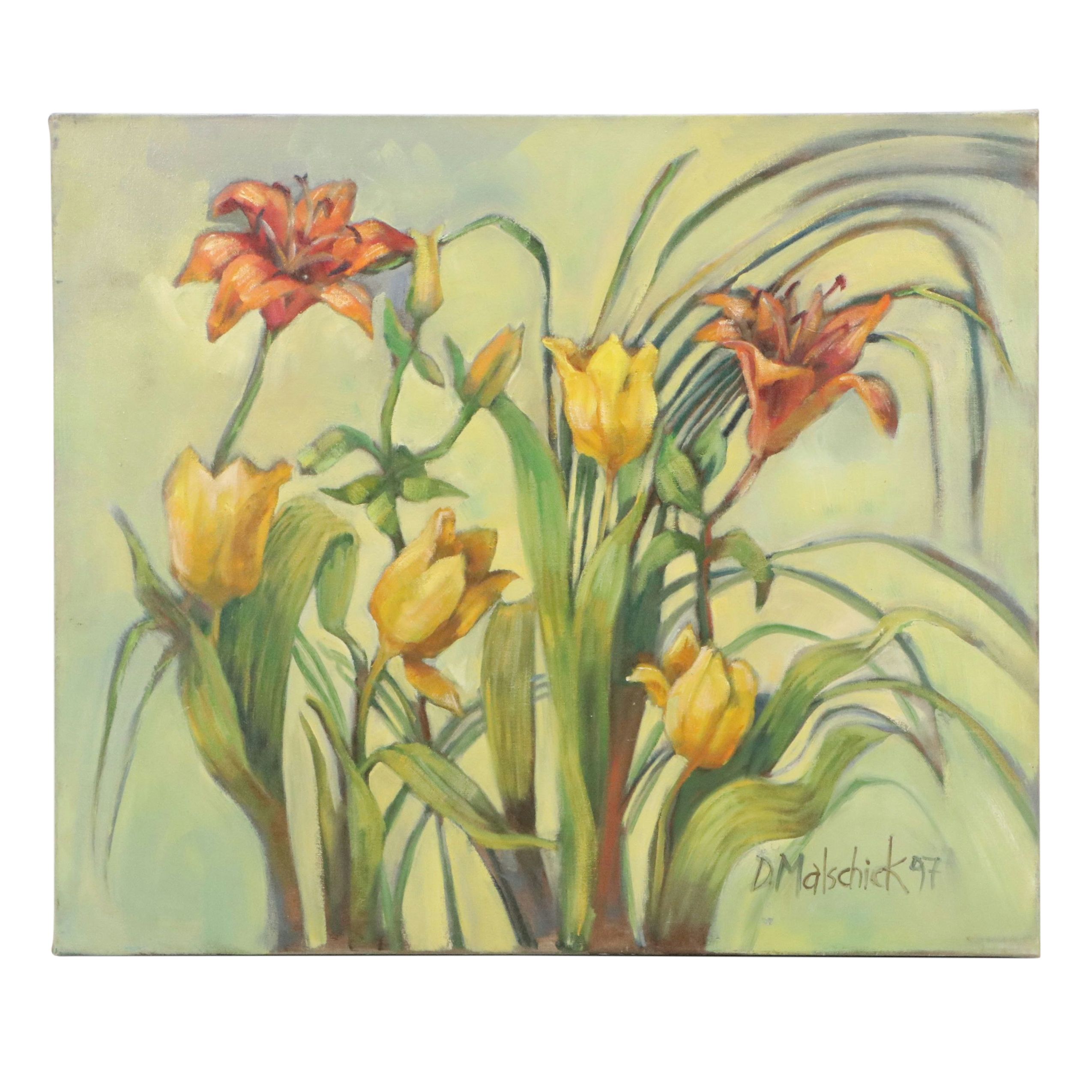 Debra Malschick Oil Painting "Yellow Tulips & Orange Daylilies," 1998