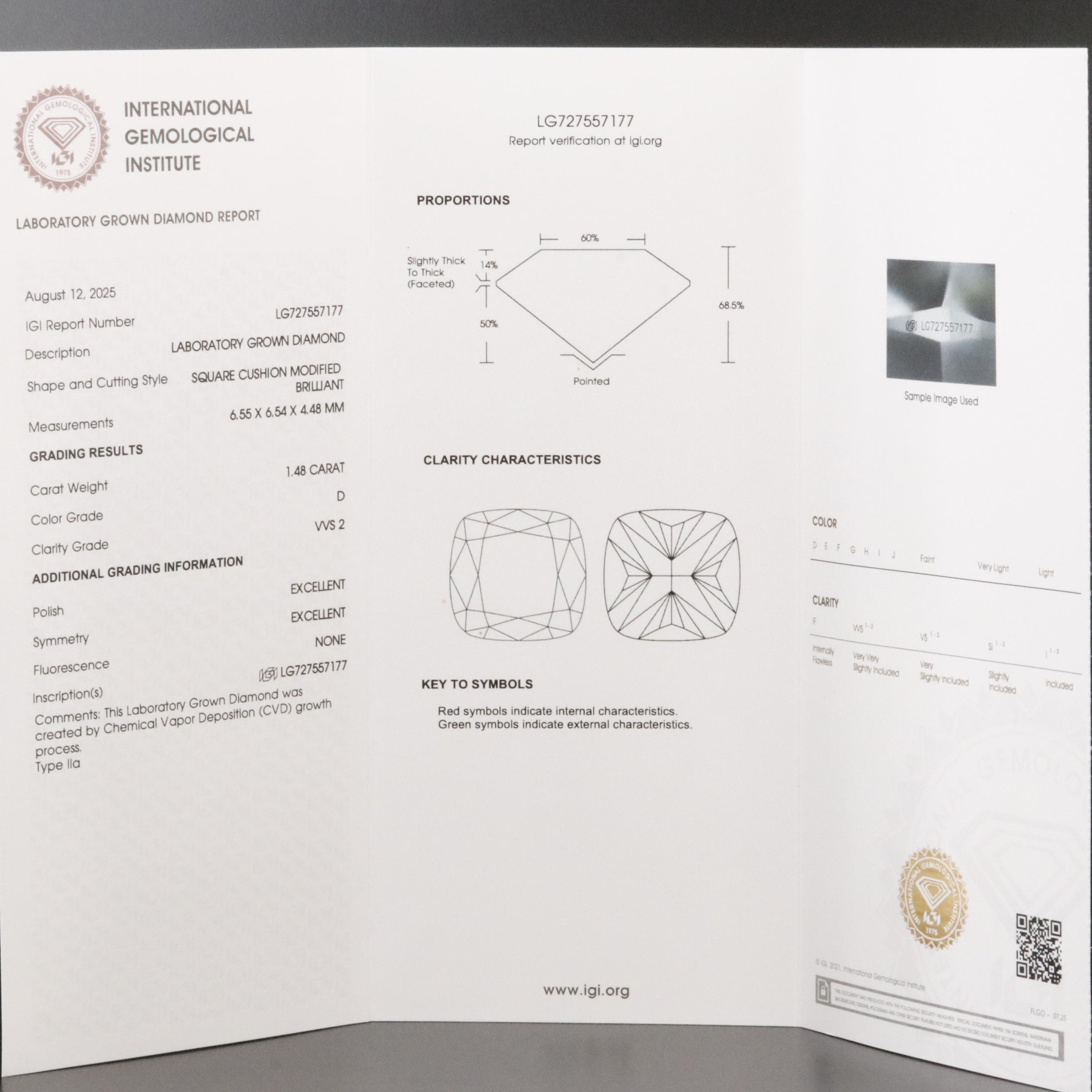 Loose 1.48 CT Lab Grown Diamond with IGI Report