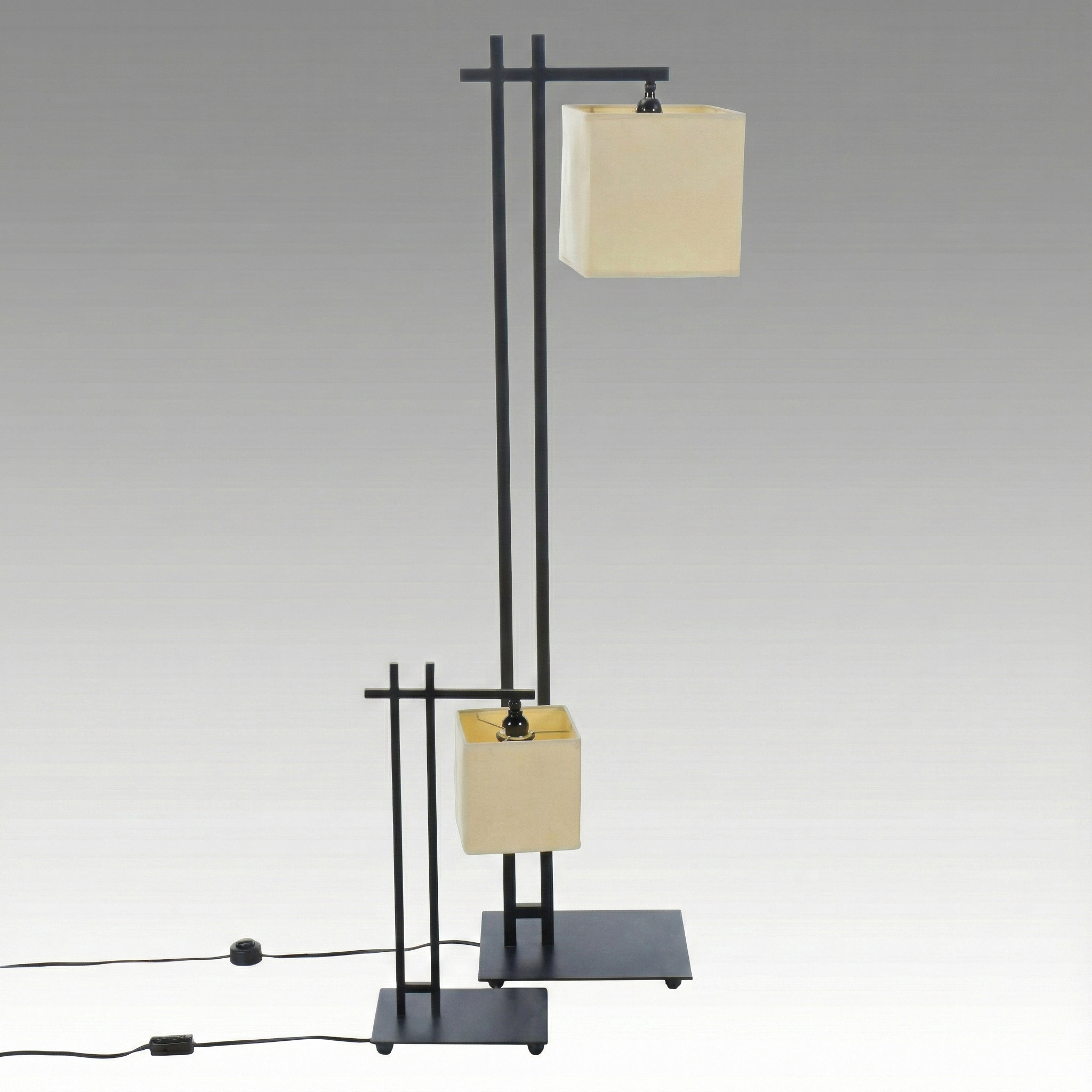 Postmodern Style Bridge Arm Metal Floor and Table Lamp and Drum Shades, 2001