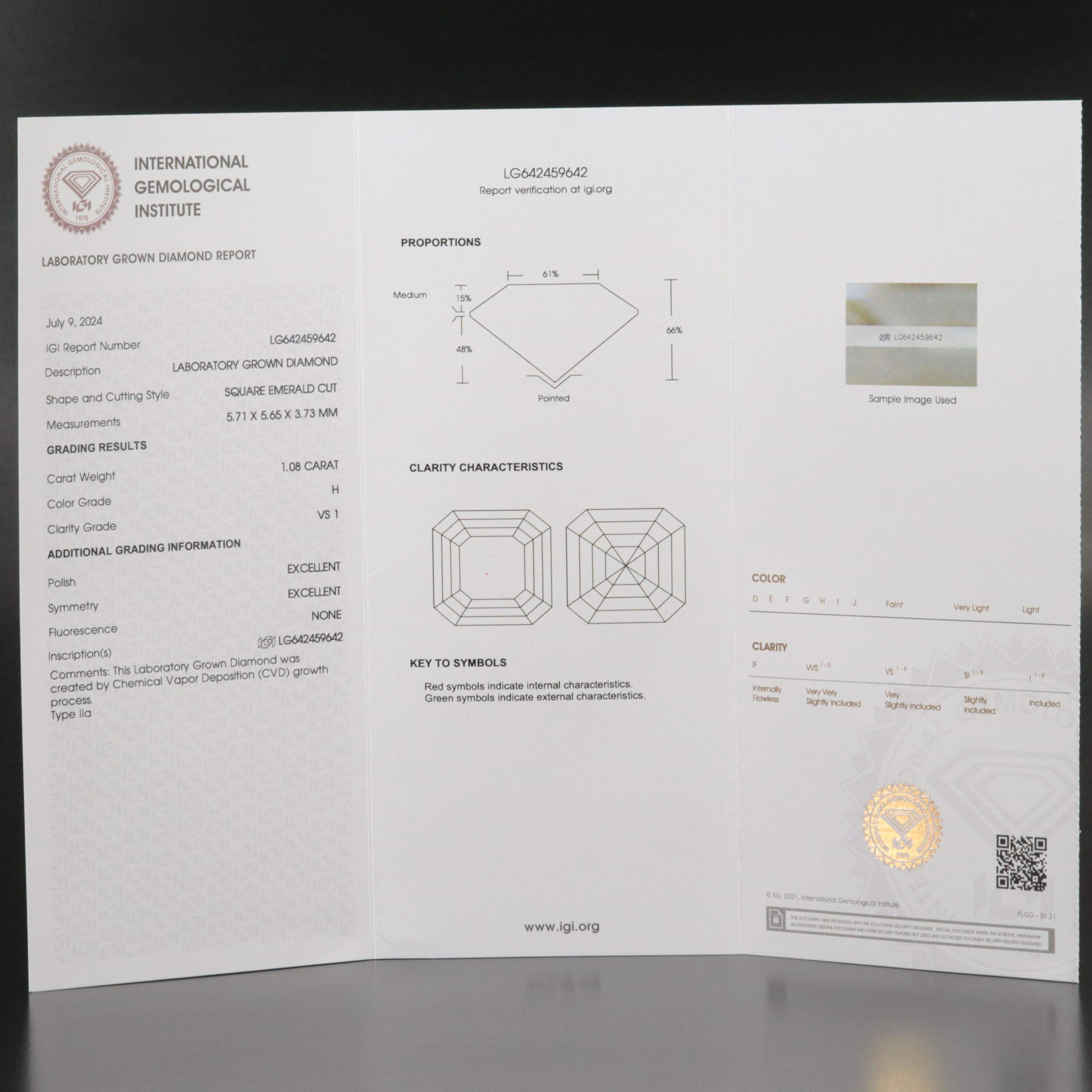 Loose 1.08 CT Lab Grown Diamond with IGI Report