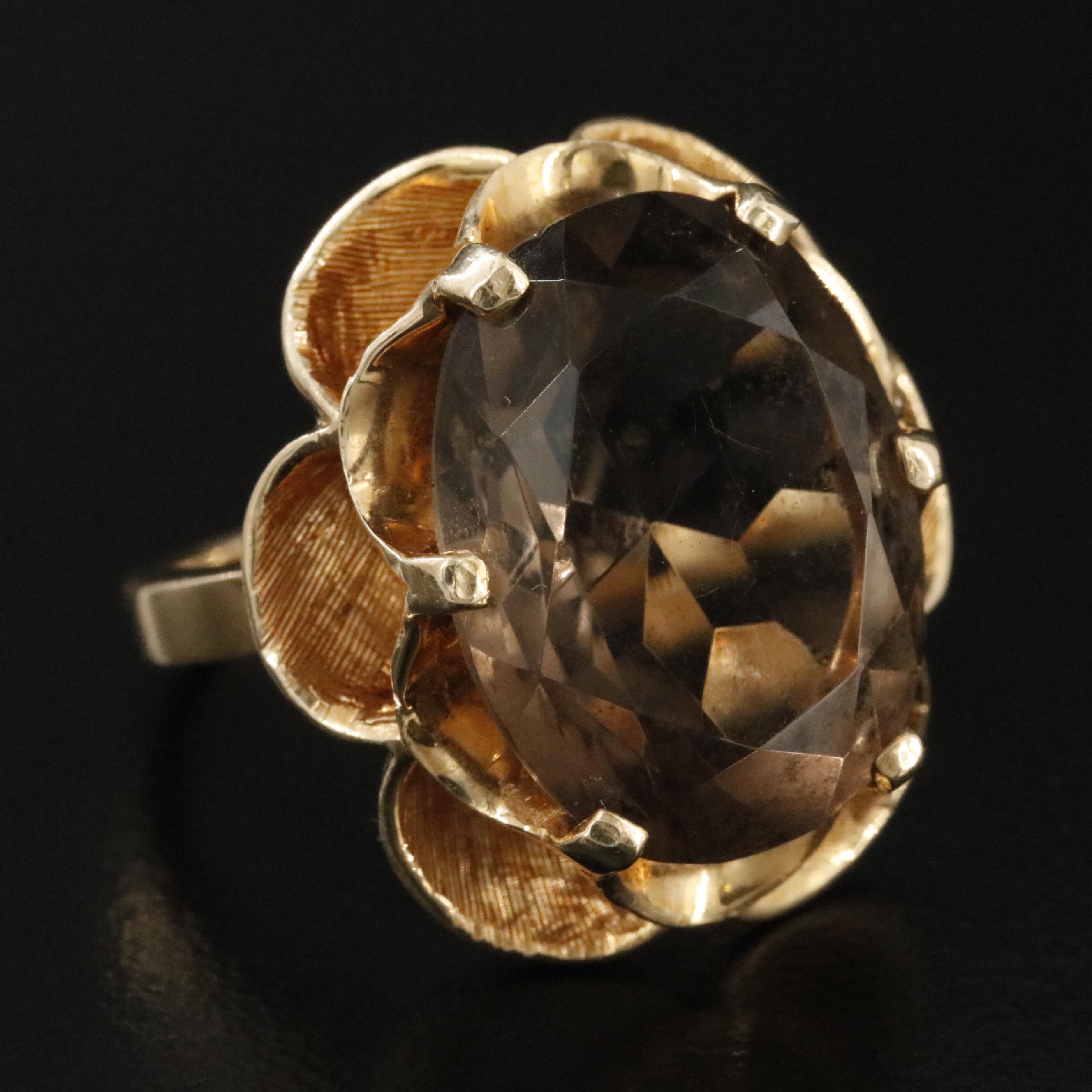 Vintage 14K 7.82 CT Smoky Quartz Buttercup Ring
