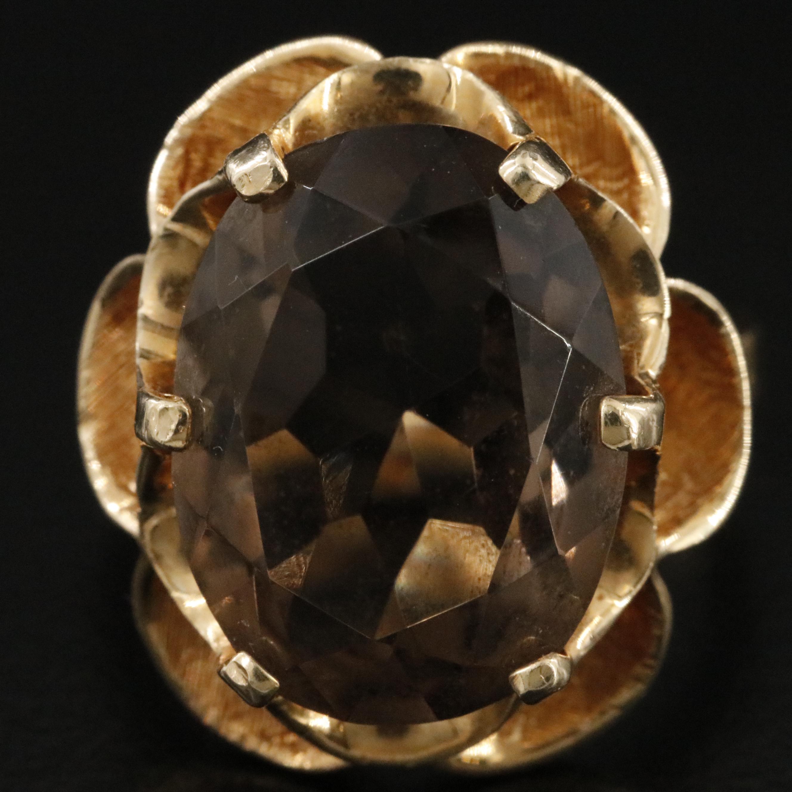 Vintage 14K 7.82 CT Smoky Quartz Buttercup Ring