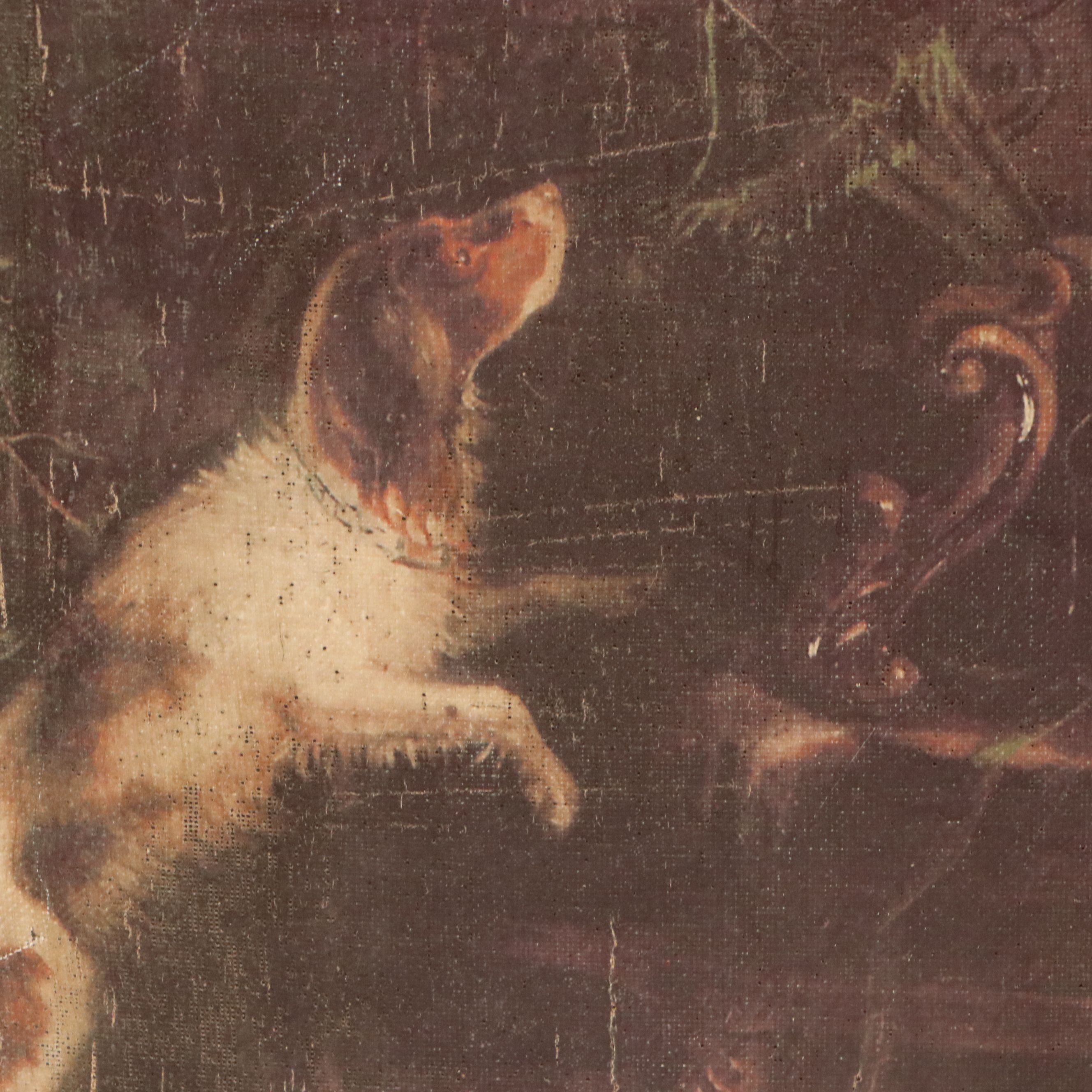 Offset Lithograph of Peacock, Dog and Pigeons in Interior Scene