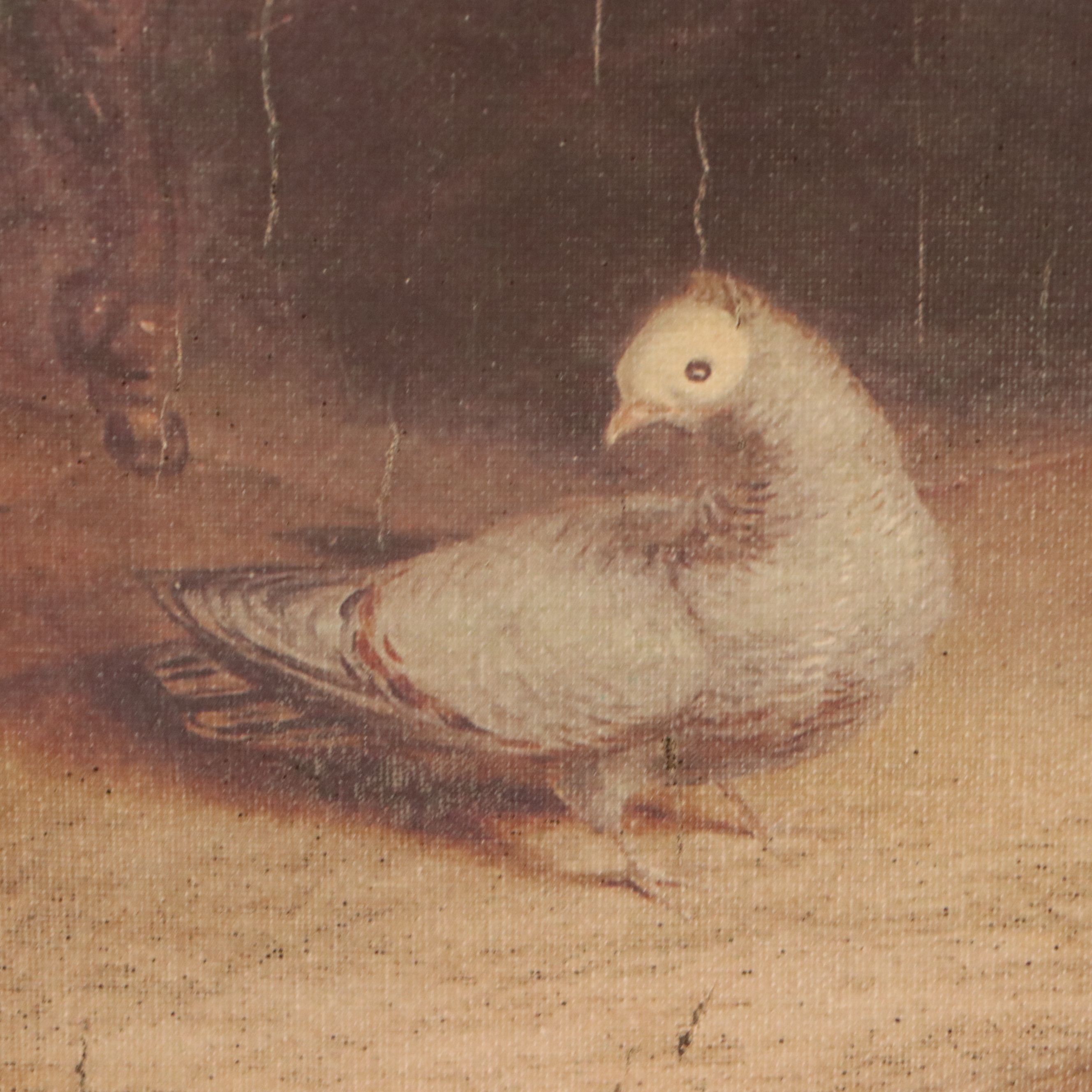 Offset Lithograph of Peacock, Dog and Pigeons in Interior Scene
