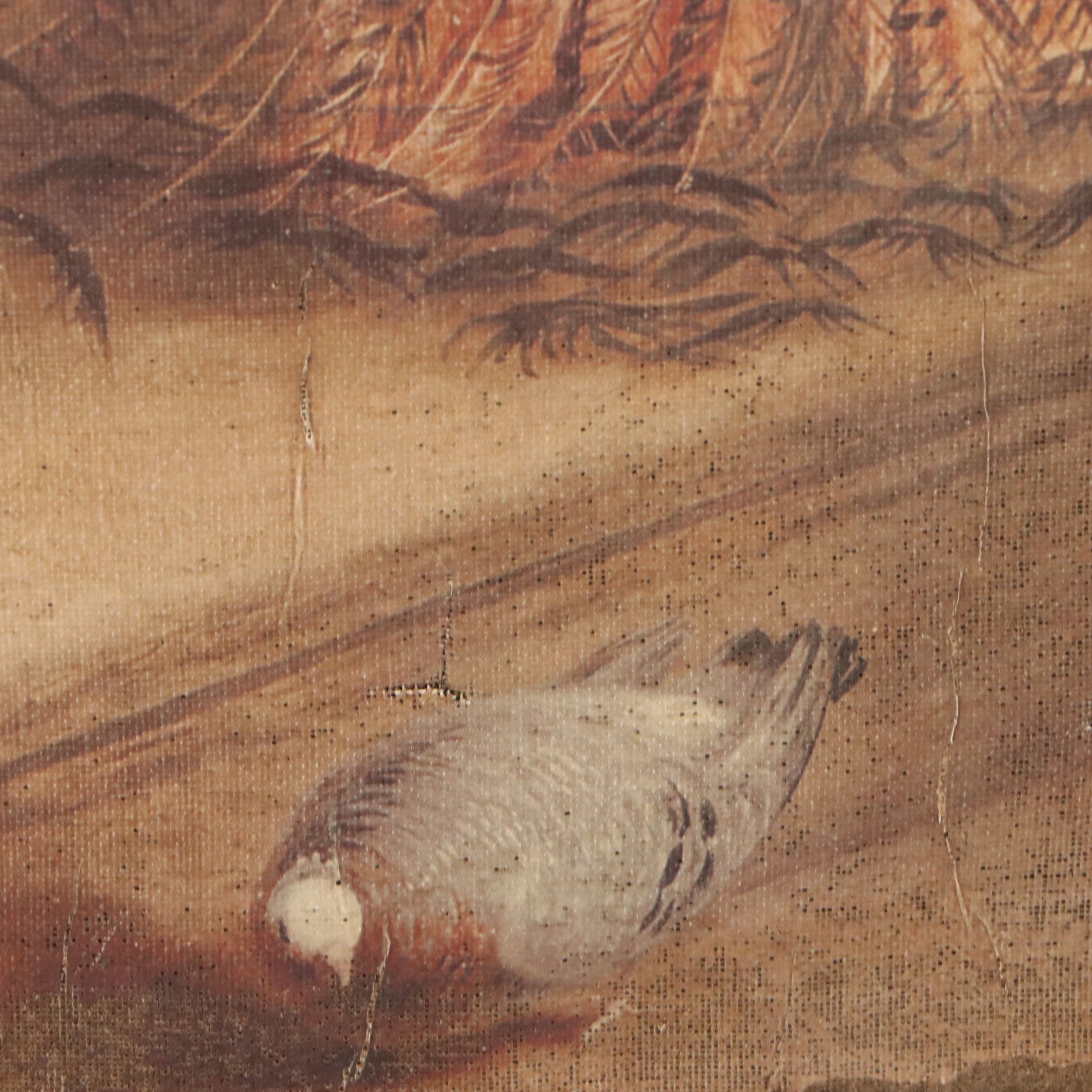 Offset Lithograph of Peacock, Dog and Pigeons in Interior Scene