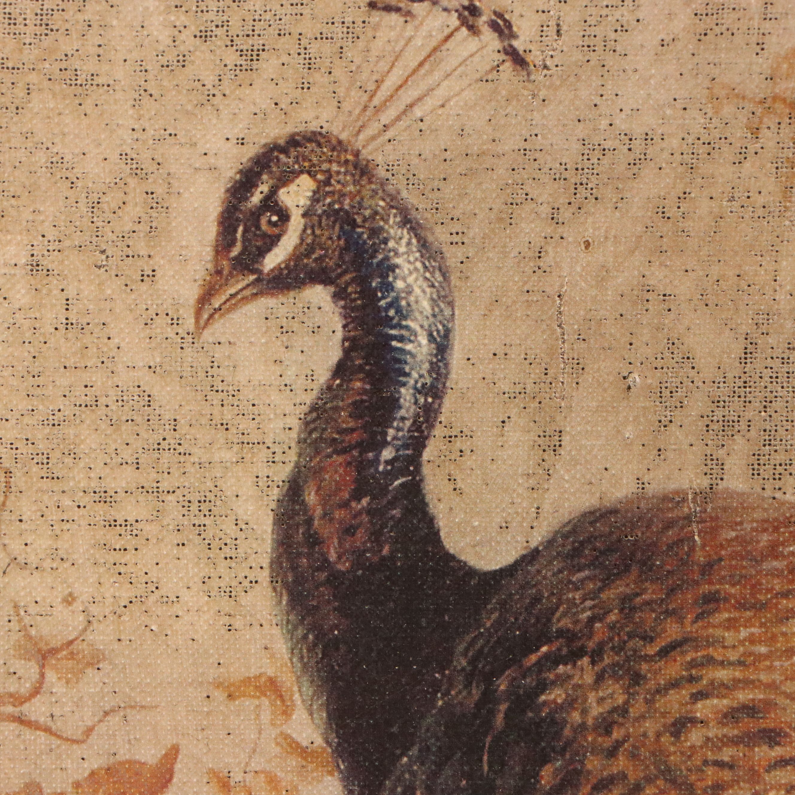 Offset Lithograph of Peacock, Dog and Pigeons in Interior Scene