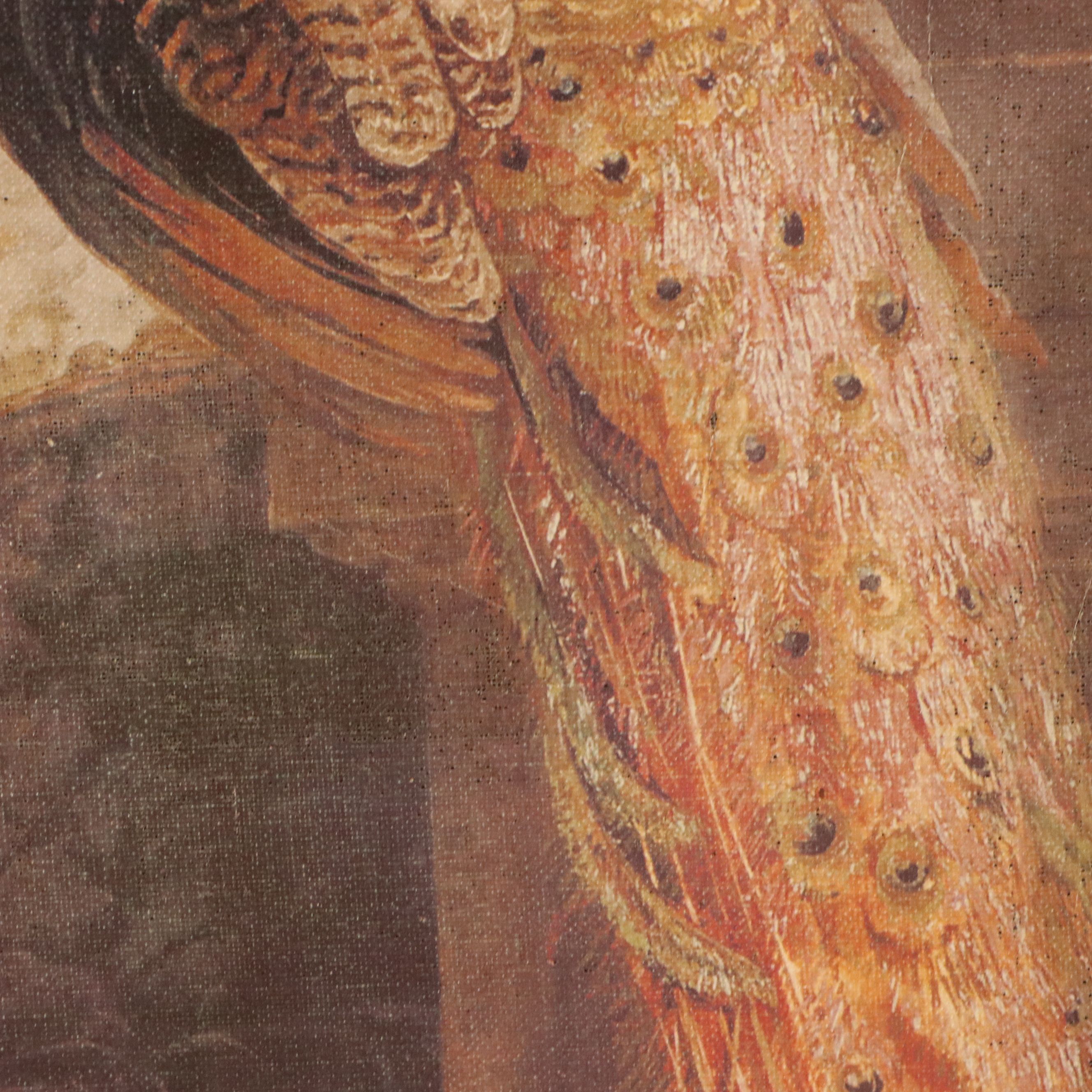 Offset Lithograph of Peacock, Dog and Pigeons in Interior Scene