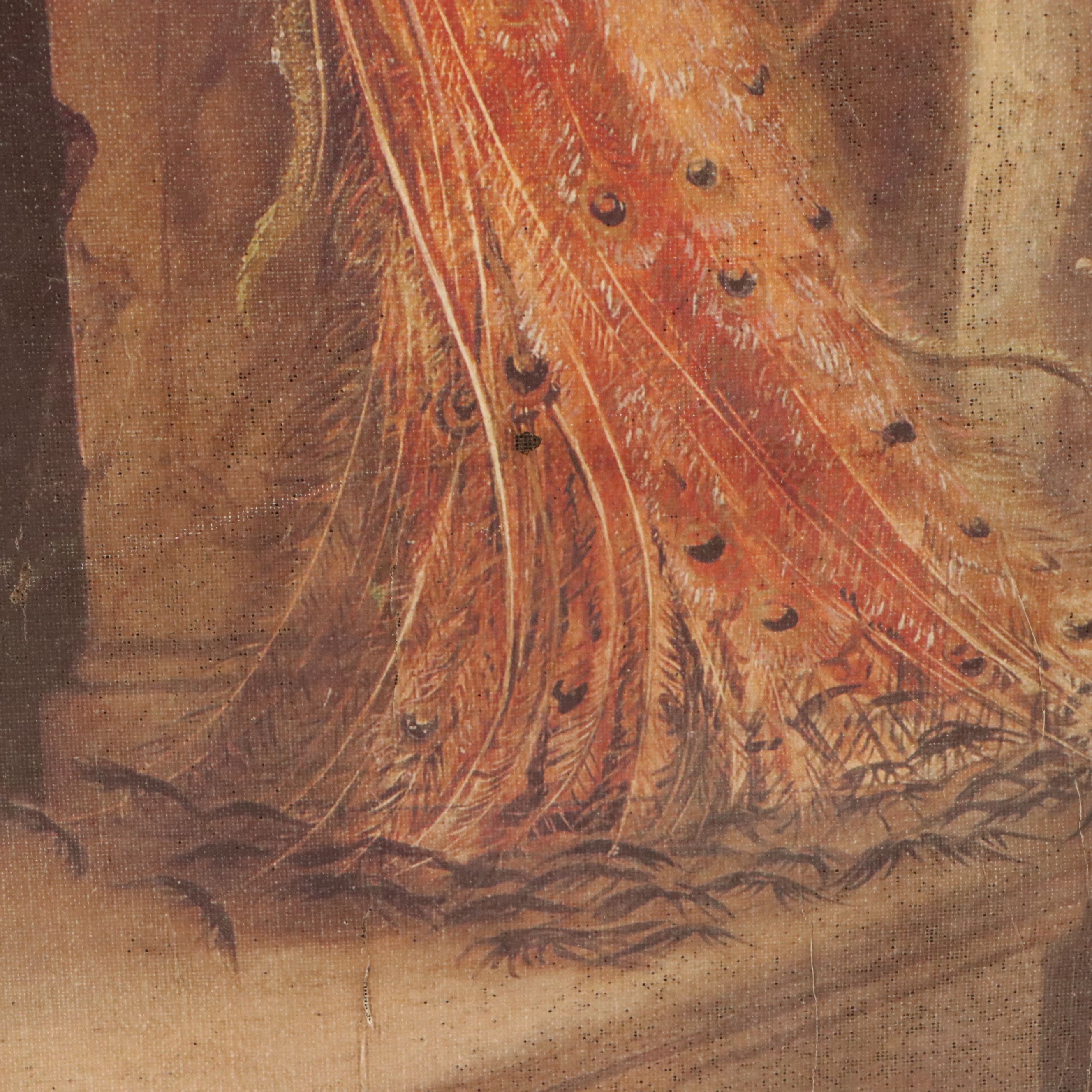 Offset Lithograph of Peacock, Dog and Pigeons in Interior Scene