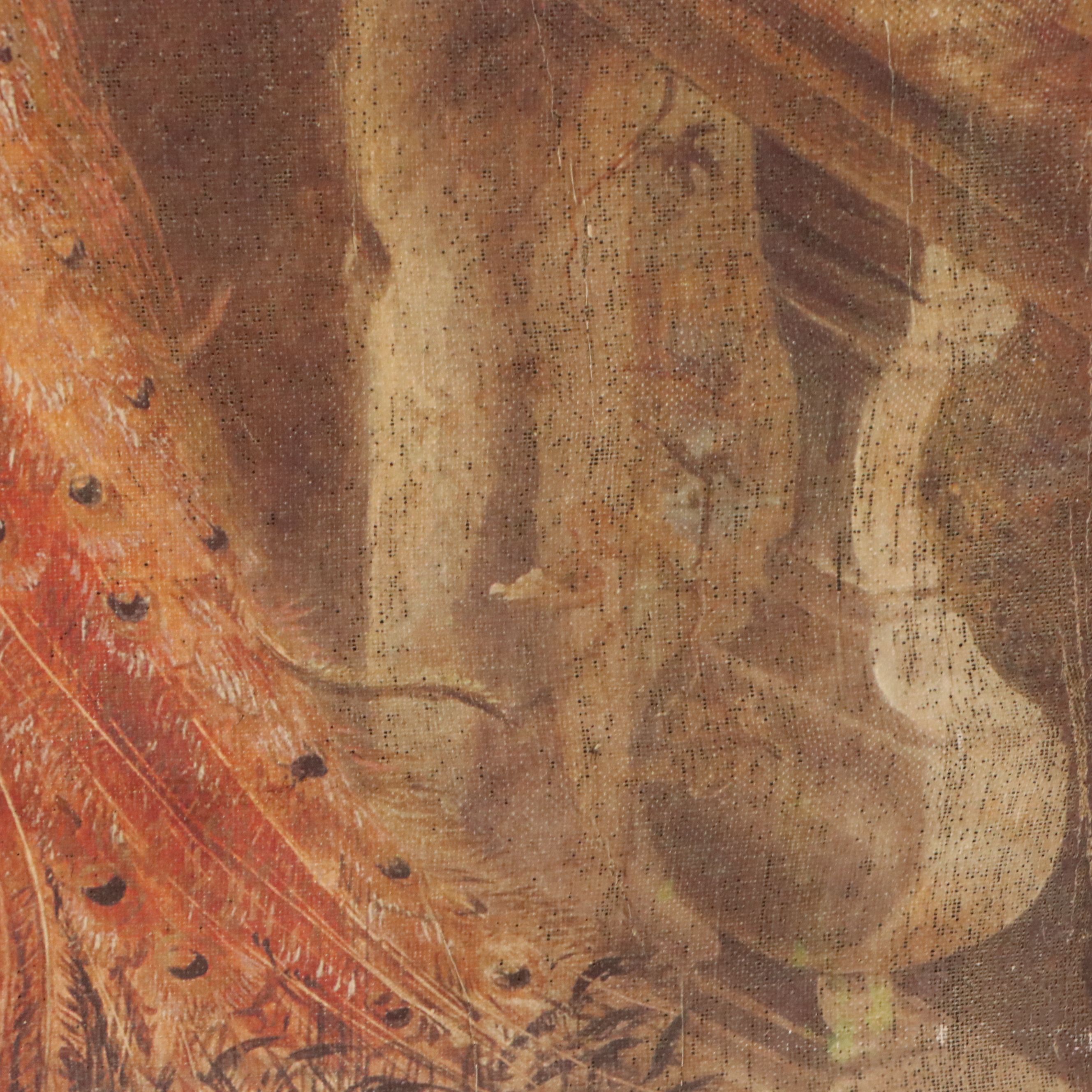 Offset Lithograph of Peacock, Dog and Pigeons in Interior Scene