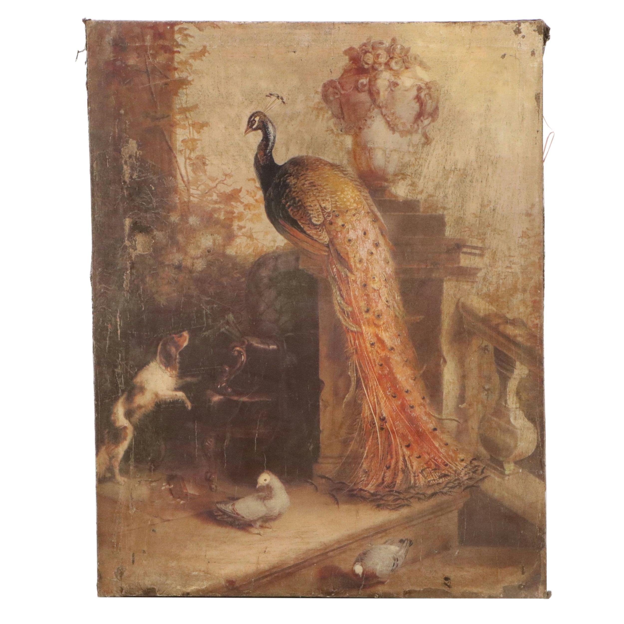 Offset Lithograph of Peacock, Dog and Pigeons in Interior Scene