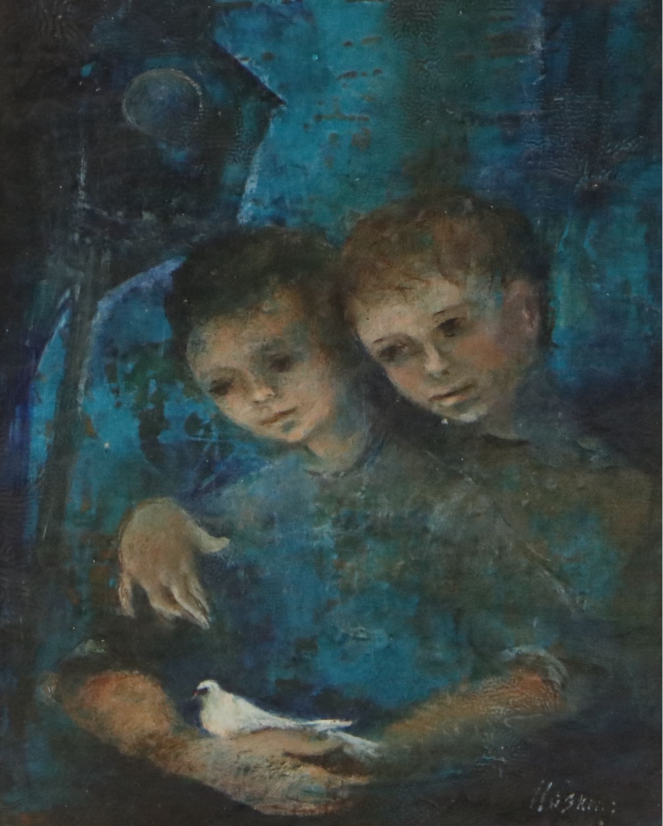 Oil Painting of Two Children Holding White Dove