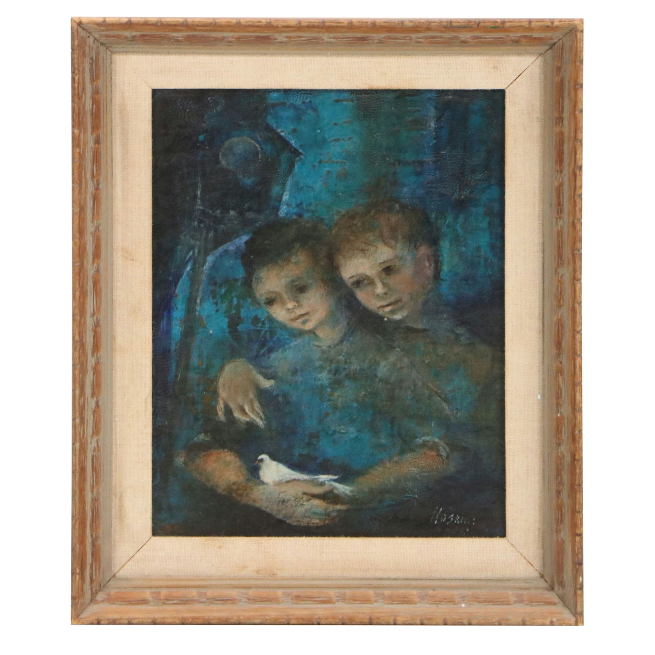 Oil Painting of Two Children Holding White Dove