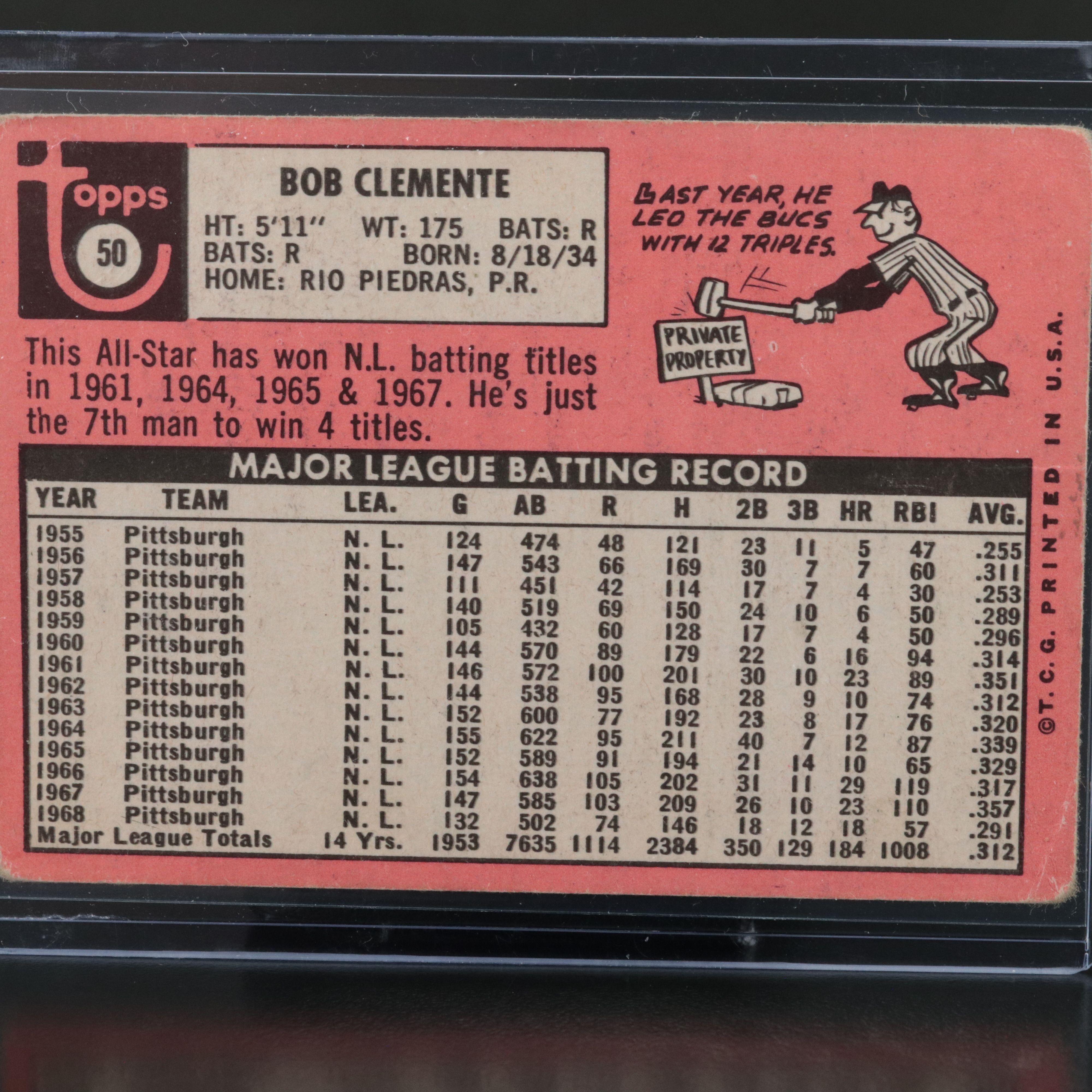 1969 Topps Roberto Clemente Pittsburgh Pirates Baseball Card