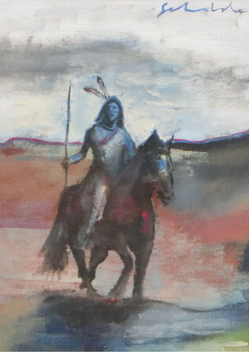 Fritz Scholder Acrylic Painting of Man on Horseback, Mid to Late 20th Century