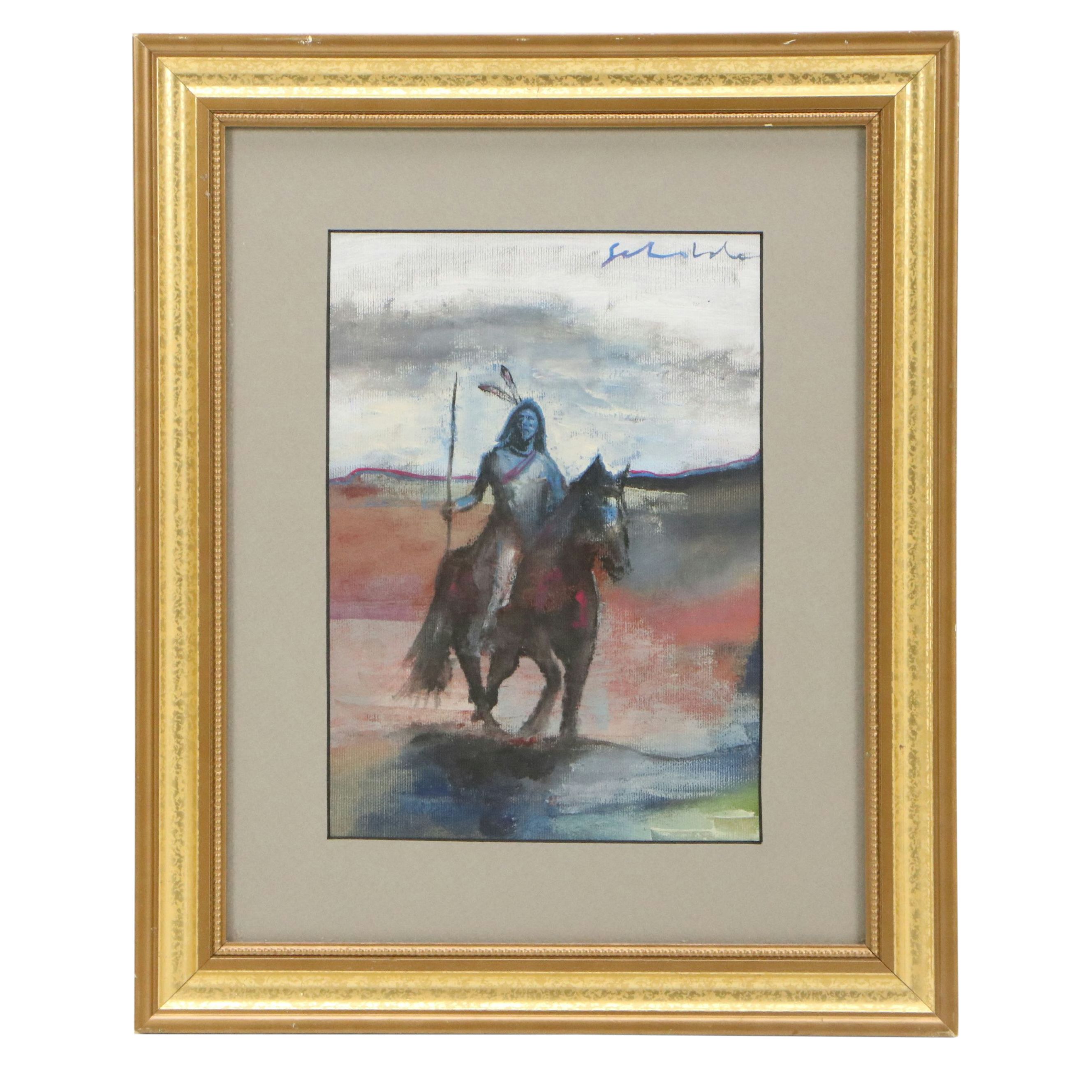 Fritz Scholder Acrylic Painting of Man on Horseback, Mid to Late 20th Century