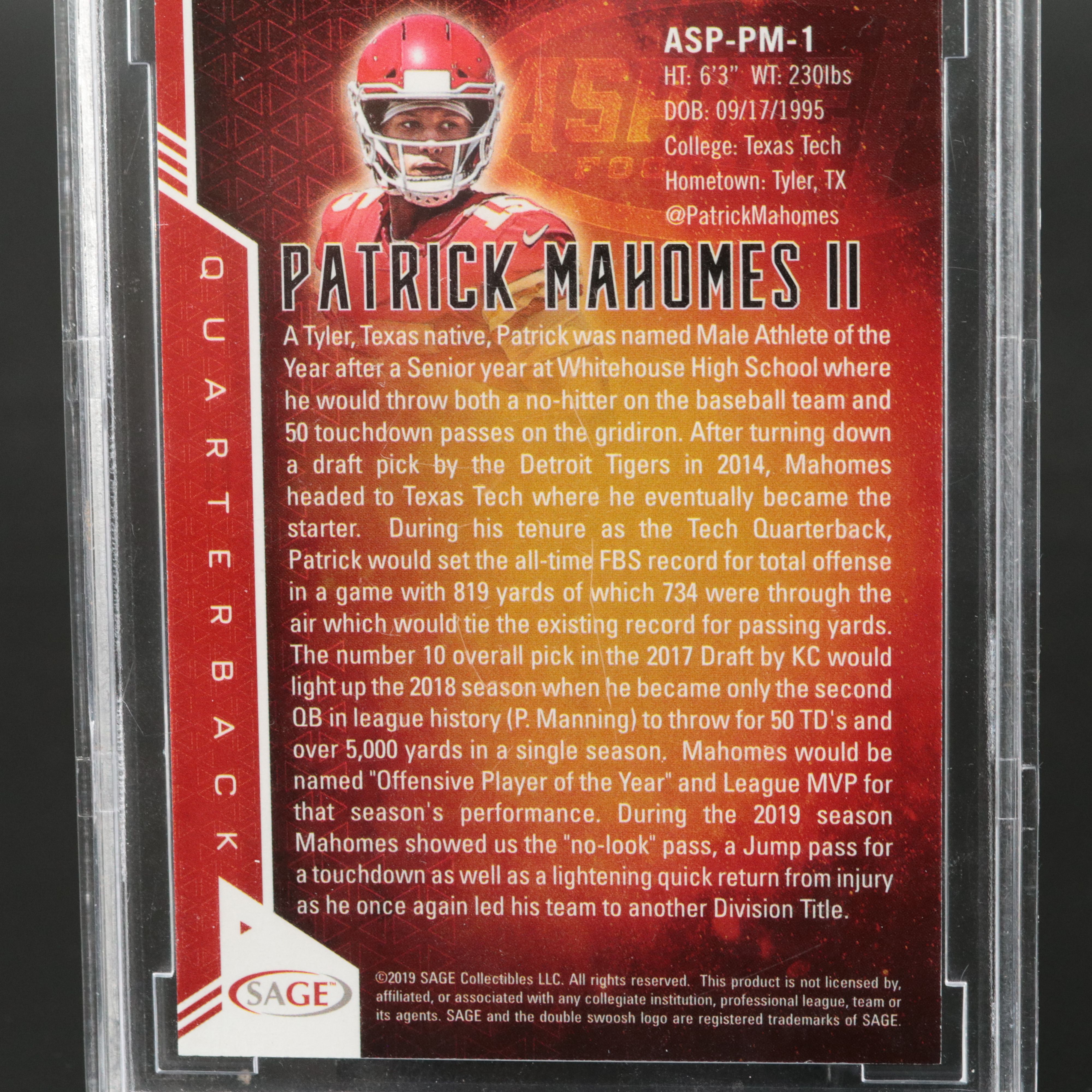 2019 SAGE Aspire Patrick Mahomes Red Football Card Graded BCCG 10