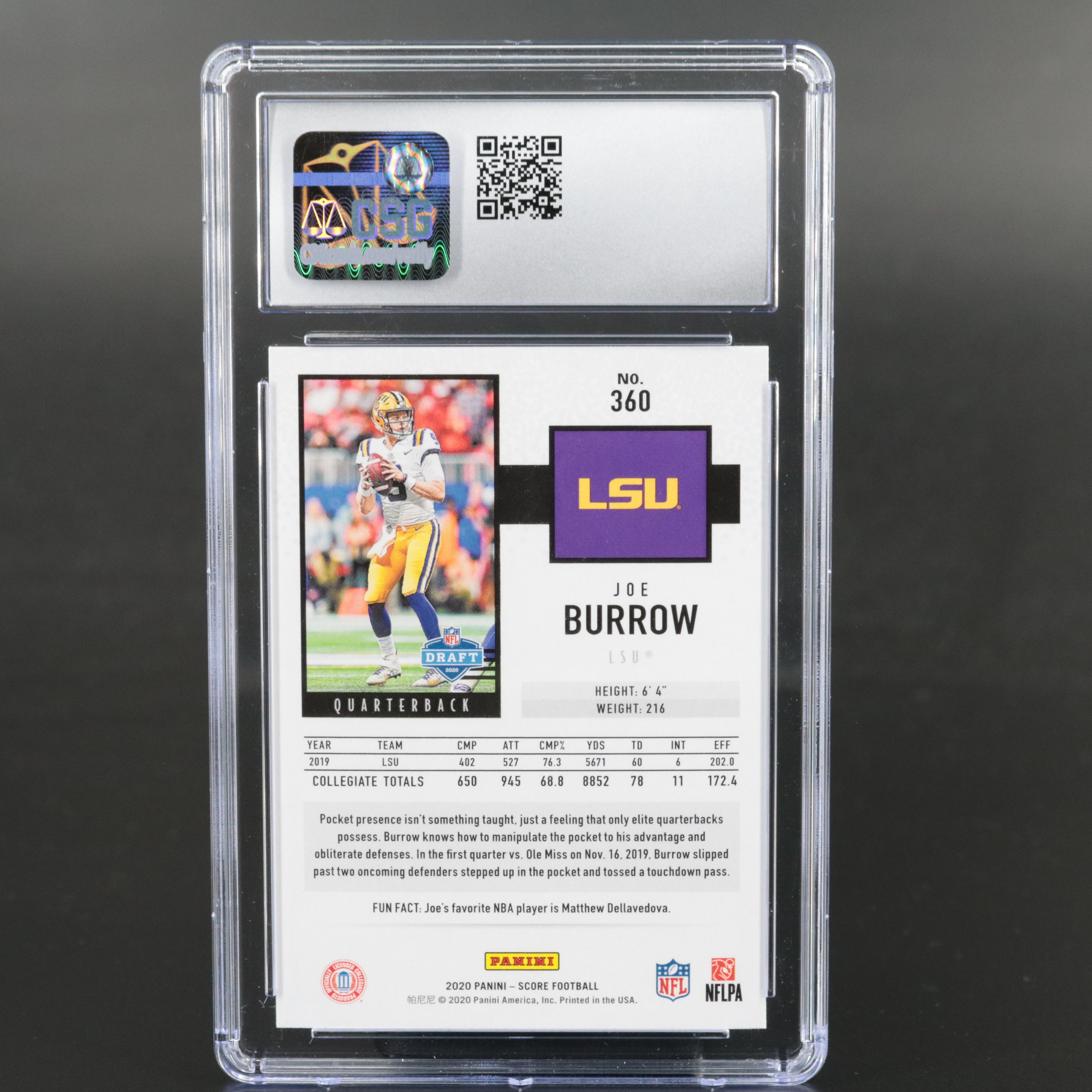 2020 Score Joe Burrow Rookie Football Card Graded CSG 10