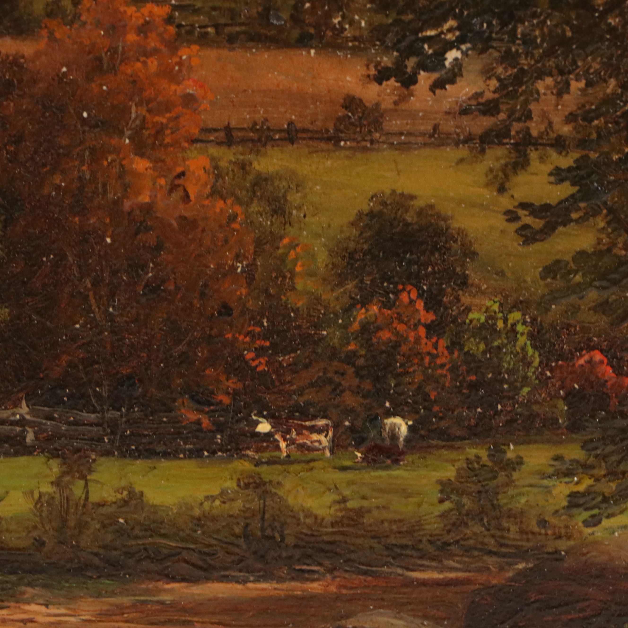 Hudson River School Oil Painting Landscape with Cows, Mid-20th Century
