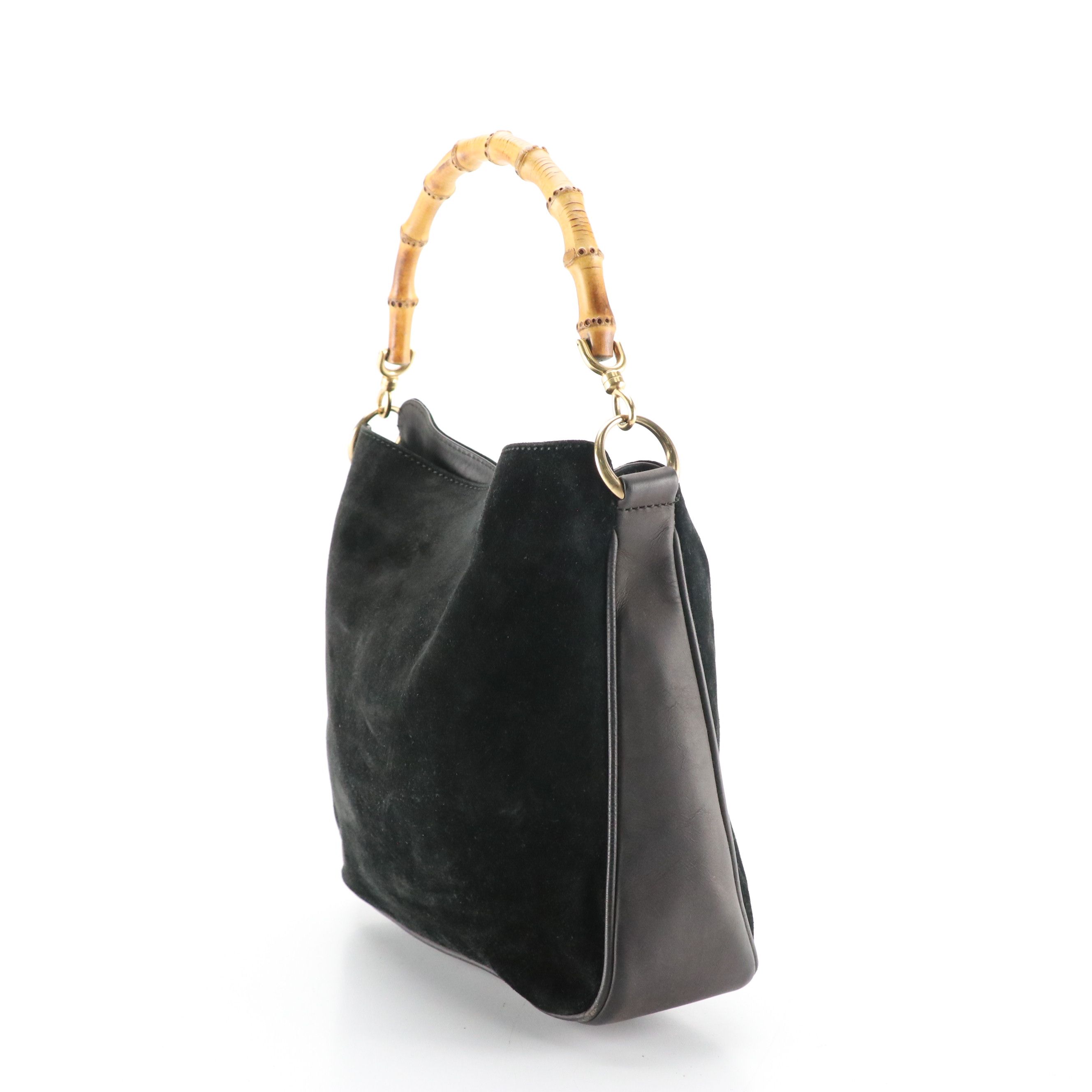 Gucci Bamboo Handle Shoulder Bag in Black Suede and Leather