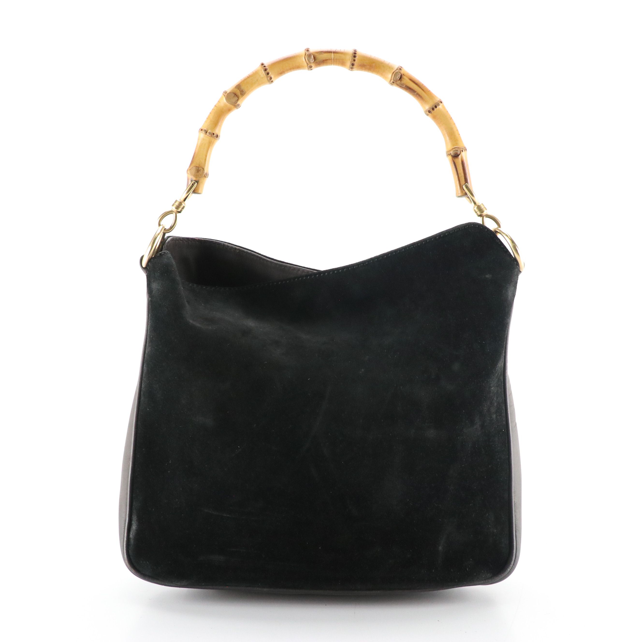 Gucci Bamboo Handle Shoulder Bag in Black Suede and Leather